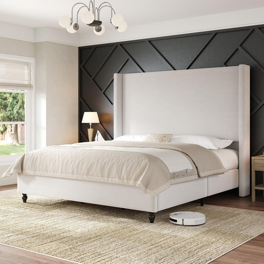 AMERLIFE King Size Bed Frame with 65" Tall Headboard, Upholstered Corduroy Bed Frame with Wingback, Platform Bed with Solid Wood Gourd Legs, Solid Slats, No Box Spring Needed, White