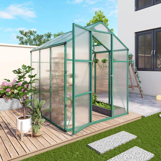 6x10FT Walk-in Polycarbonate Greenhouse Kit, Heavy Duty Aluminum Alloy Frame Green House with Ventilation & Drainage System, UV Resistant Plant Shelter Outdoor Garden Backyard All Season Use
