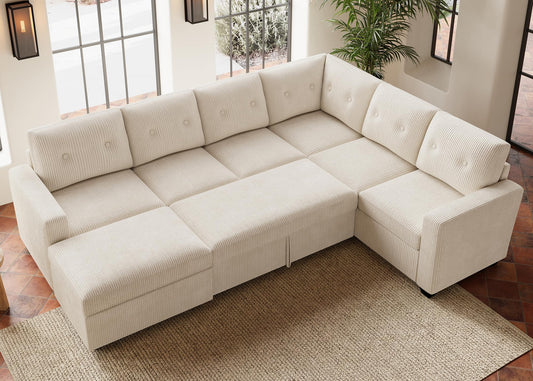 HONBAY 106.2 Inch U-Shaped Sectional Sleeper Sofa with Pull-Out Bed & Storage Ottoman, 7-Seater Sectional Sofa for Living Room, Pet-Resistant Corduroy Couch, Beige