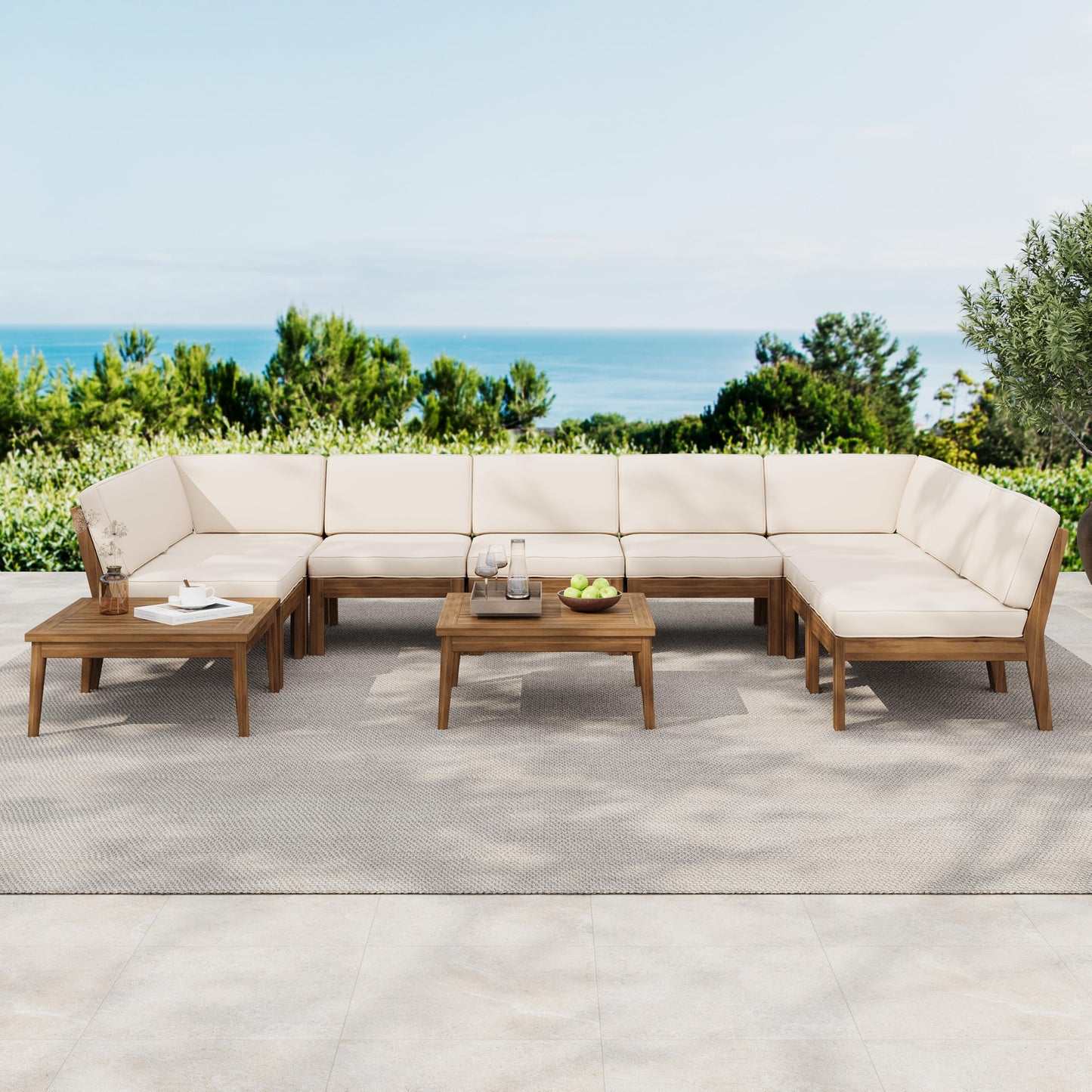 Merax 11 Piece Paito 8-Seaters Conversation Set, All-Weather Acacia Wood U-Shaped Sofa with Cushions and 2 Coffee Tables, Outdoor Sectional Couch Set for Backyard, Poolside, Teak+ Beige