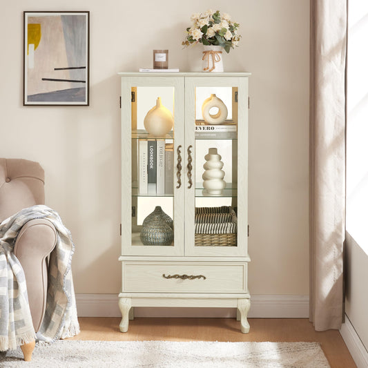 KEIKI 52" Glass Display Cabinet with Carved Metal Handle & Adjustable Shelves, Storage Curio Cabinet with 2 Door & 1 Drawer, 3-Tier Showcase Display Case, Easy Assembly, for Living Room, White