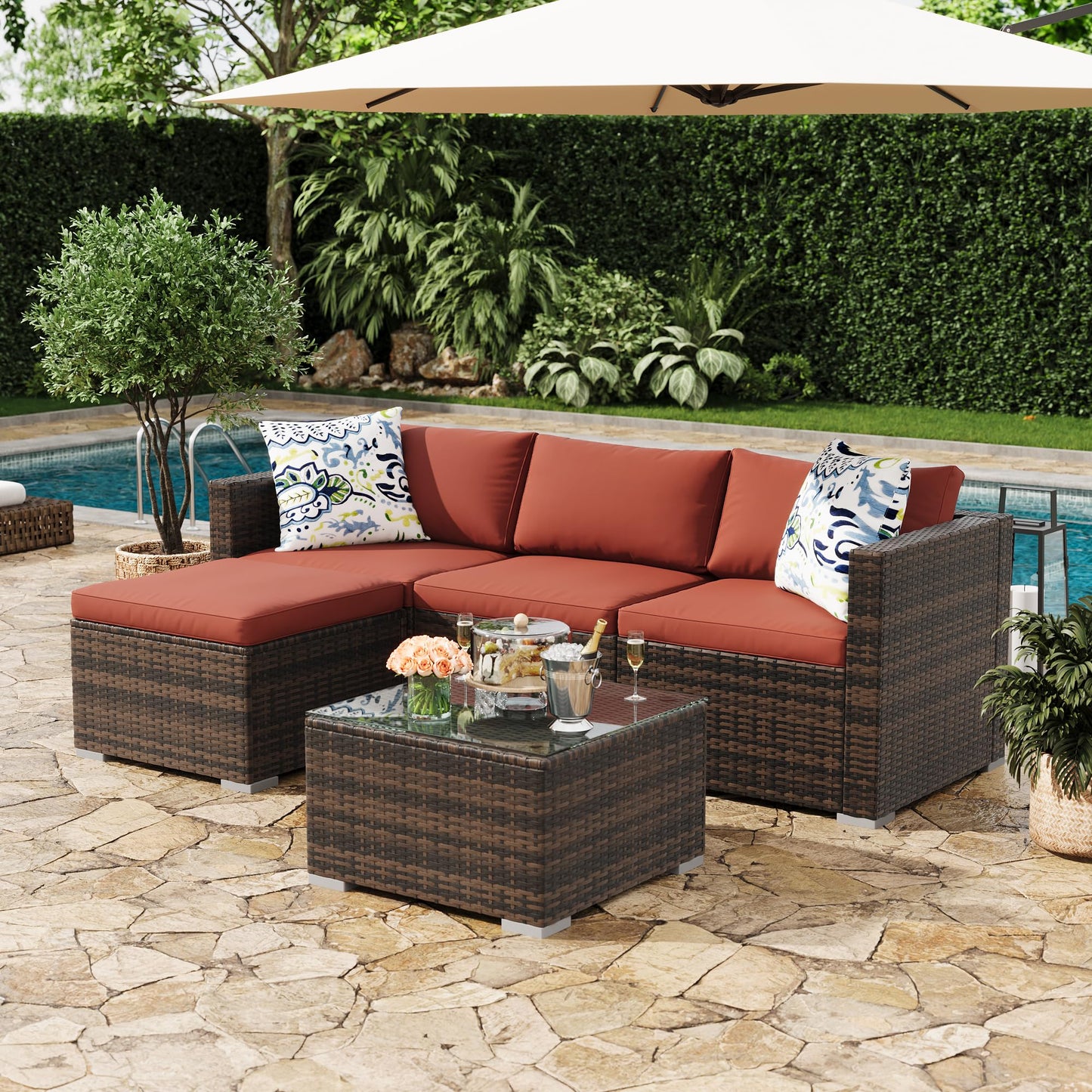 GarveeLife 5 Pieces Patio Furniture Set, Outdoor Sectional Sofa, All-Weather Wicker Conversation Set with Ottoman & Glass Coffee Table, Rattan Couch Seating for Garden, Backyard, Poolside, Wine Red