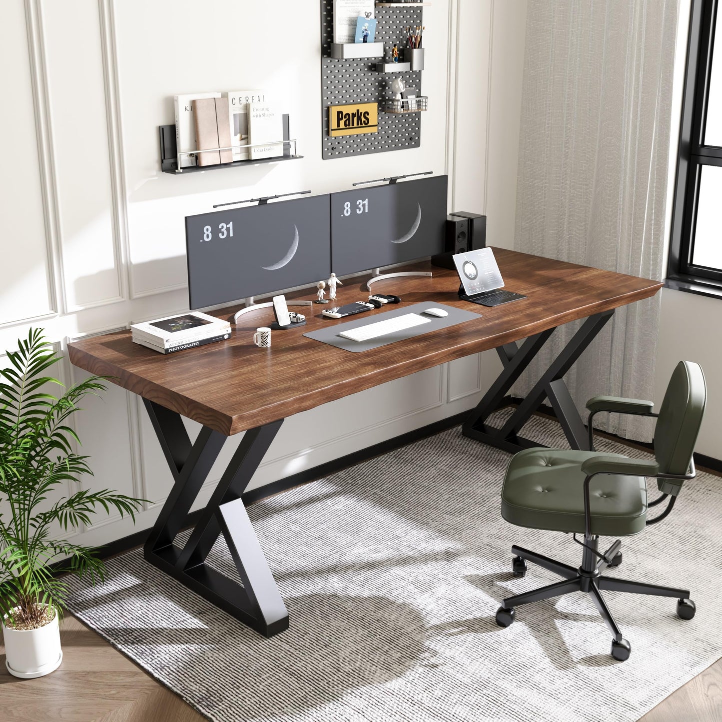 SXXjiaju Solid Wood Desk 63 Inches, Live Edge Wooden Home Office Computer Desk Metal Frame Modern Simple Design Executive Real Wood Desk for Writing Study Dining Gaming