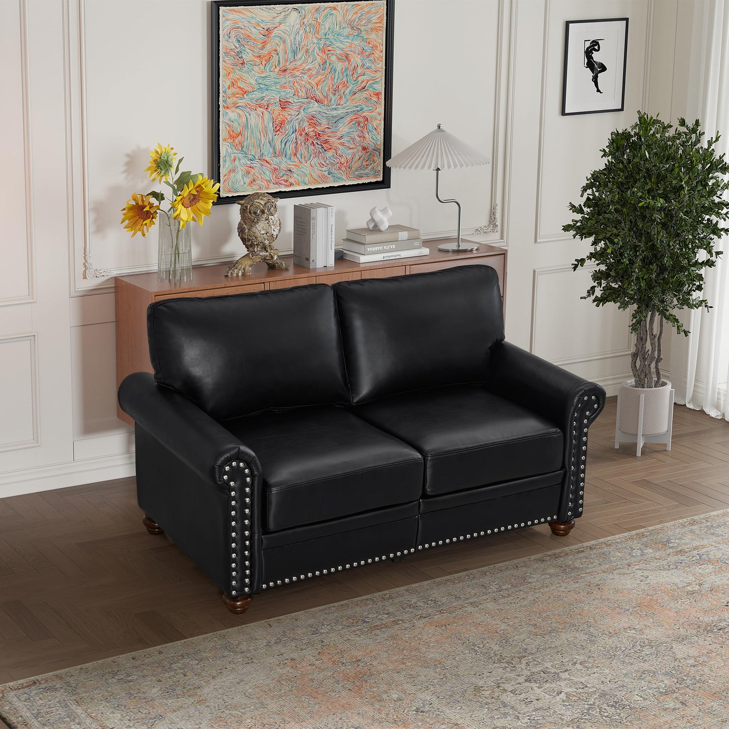 YOPTO Living Room Sectional Sofa Couch with Storage Space,Faux Leather Fabric Loveseat and Sofa Sets W/Silver Nails Decoration & Comfy Cushion,2 Pieces Livingroom Furniture for Home,Office,Black