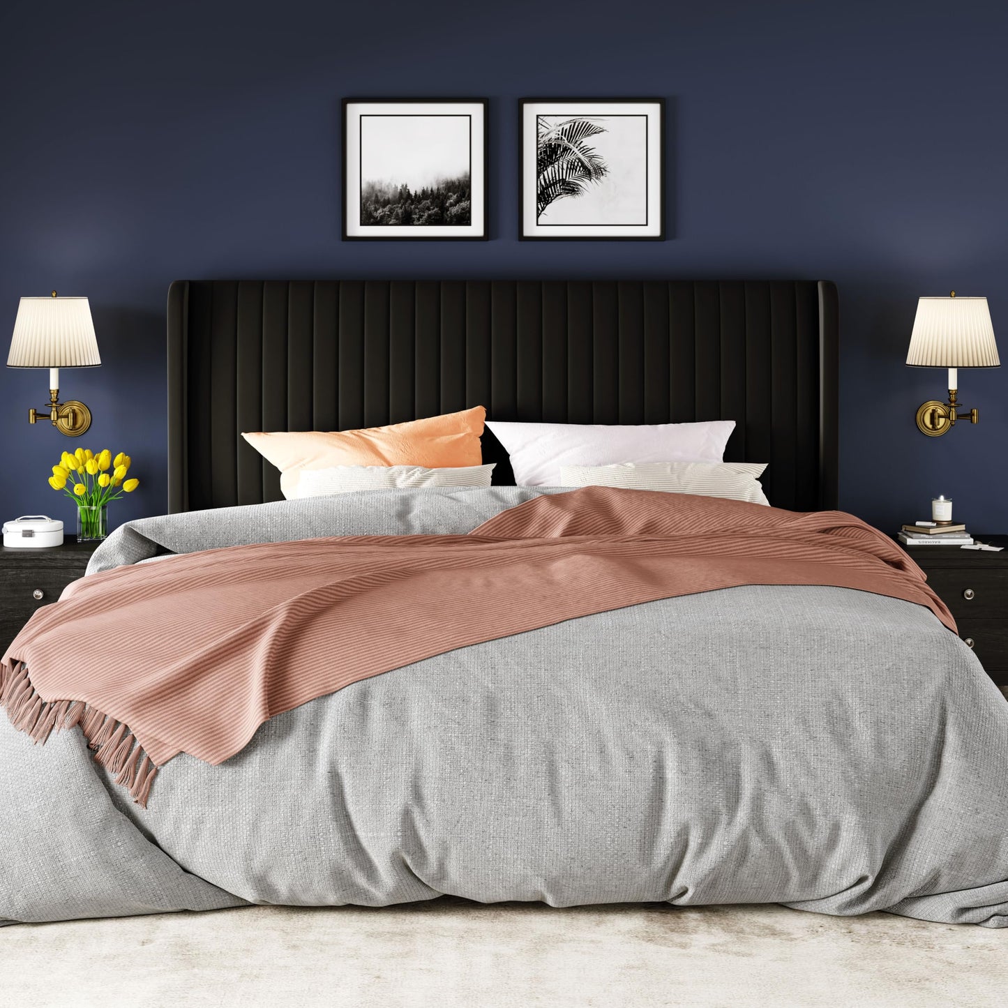 Allewie King Size Velvet Bed Frame/Vertical Channel Tufted Wingback Headboard/Upholstered Platform Bed/Strong Wooden Slats/No Box Spring Needed/Easy Assembly/Black