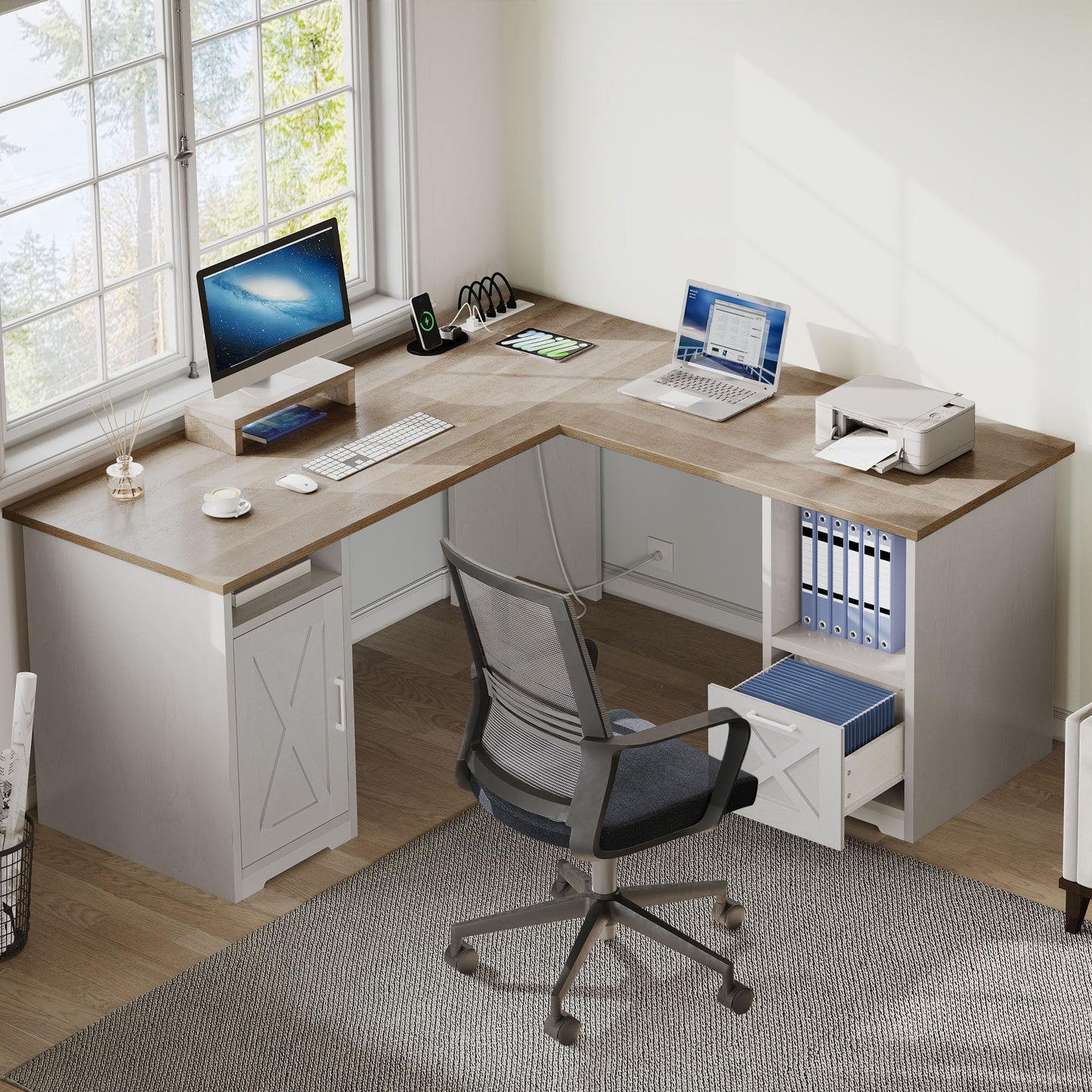DWVO L Shaped Desk with File Drawer, 60" Corner Computer Desk with Power Outlets, Home Office Desk with Monitor Stand & Storage Shelves & File Cabinet, Grey Wash