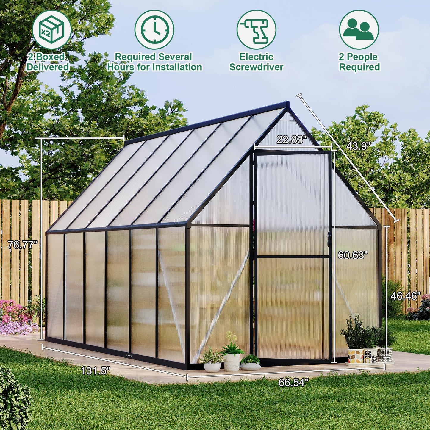CABIHOME 8x12 FT Outdoor Greenhouse, Polycarbonate Greenhouse with Roof Vent and Ground Nails, Aluminum Large Walk-in Green House w/ Lockable Push Door for Outdoor Garden (Black, 6x11 FT)