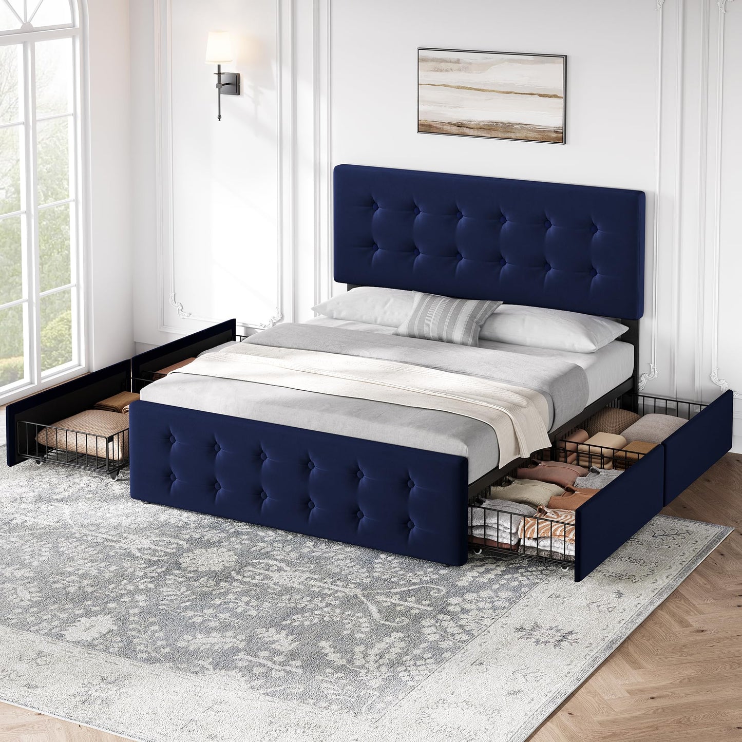 GAOMON Queen Size Bed Frame with 4 Drawers and Adjustable Headboard, Velvet Upholstered Platform Bed with Button Tufted Design, No Box Spring Needed, Strong Wooden Slats, Blue