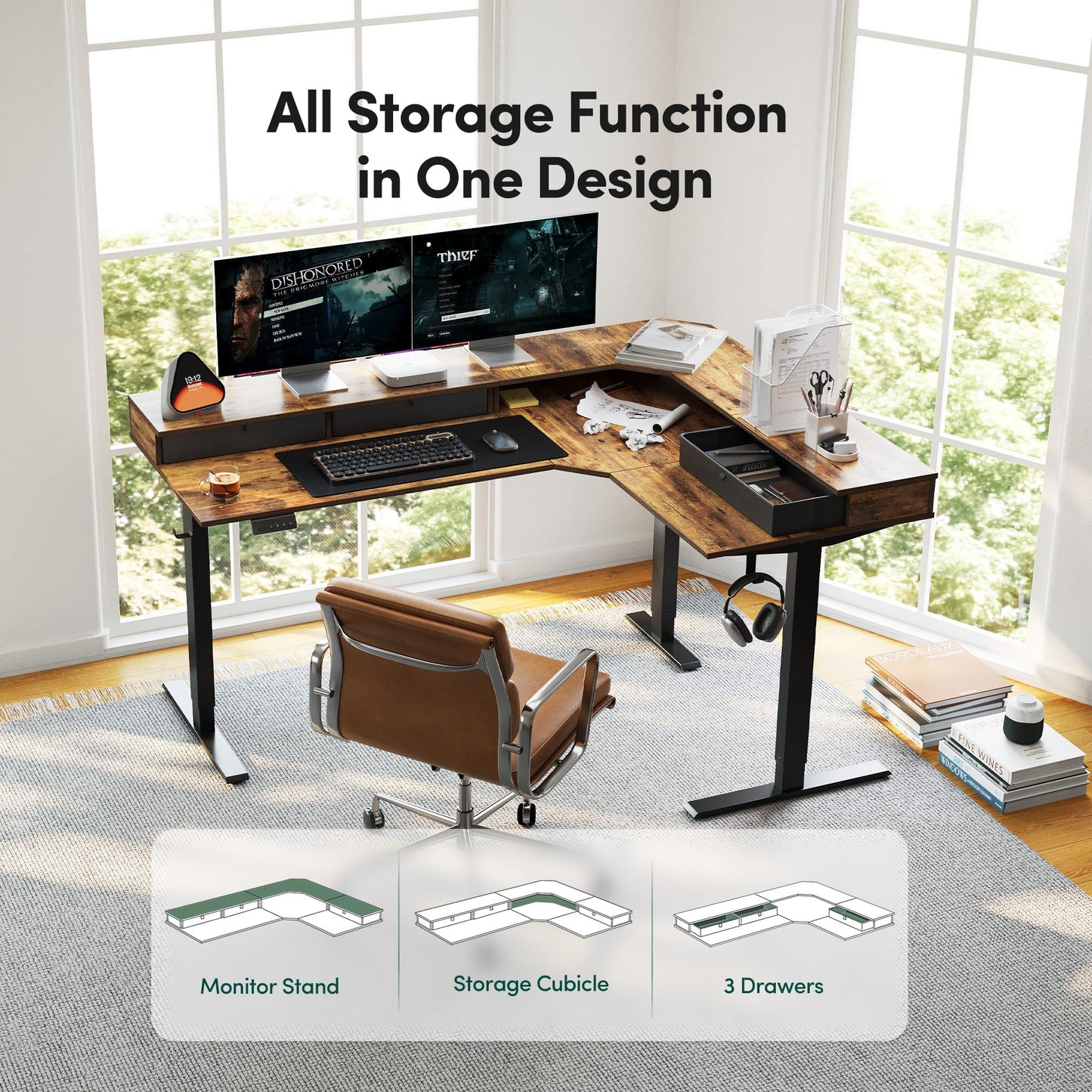 CubiCubi 63x48 Inches L Shaped Standing Desk with 3 Drawers and Monitor Shelf, Height Adjustable Corner Computer Desk with Hooks, Sit Stand Up Ergonomic Home Office Workstation Table, Rustic Brown