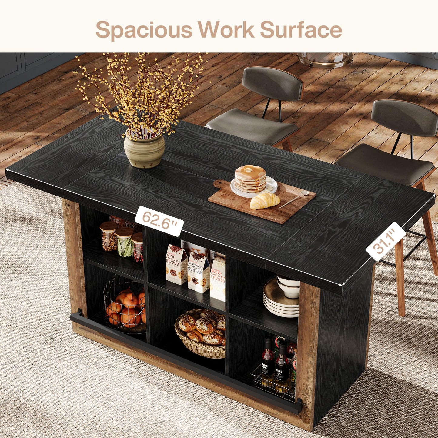 Tribesigns Kitchen Island with Storage, Farmhouse Island Bar, Black&Brown