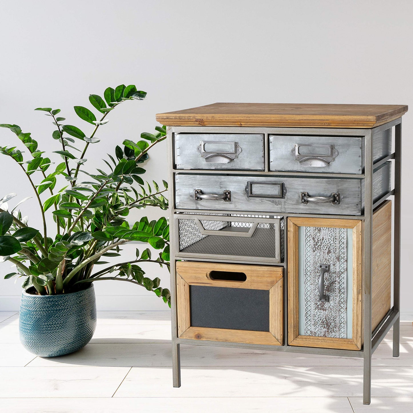 WHW Whole House Worlds Industrial Chic Multi Drawer Nightstand, 3 Drawers and 3 Utility Bins, Reclaimed Vintage Style, Iron, Screening, Galvanized Metal, Wood, 21.75 Inches Tall (55 cm)