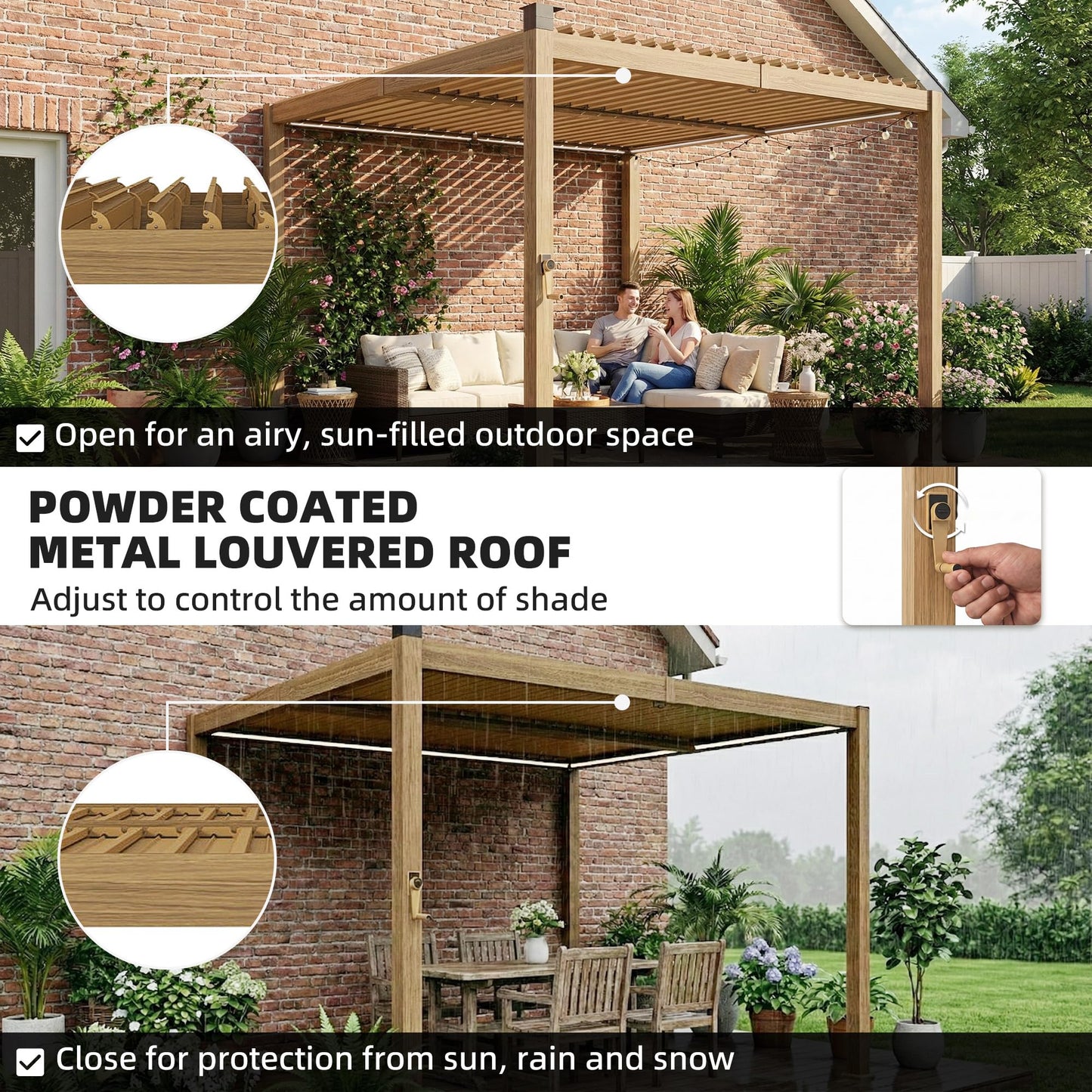 Outsunny Louvered Pergola with Solar LED Lights, 10' x 10' Outdoor Pergola Metal Patio Hardtop Gazebo with Adjustable Metal Louvered Roof, Drainage Gutters, Handle for Deck, Brown