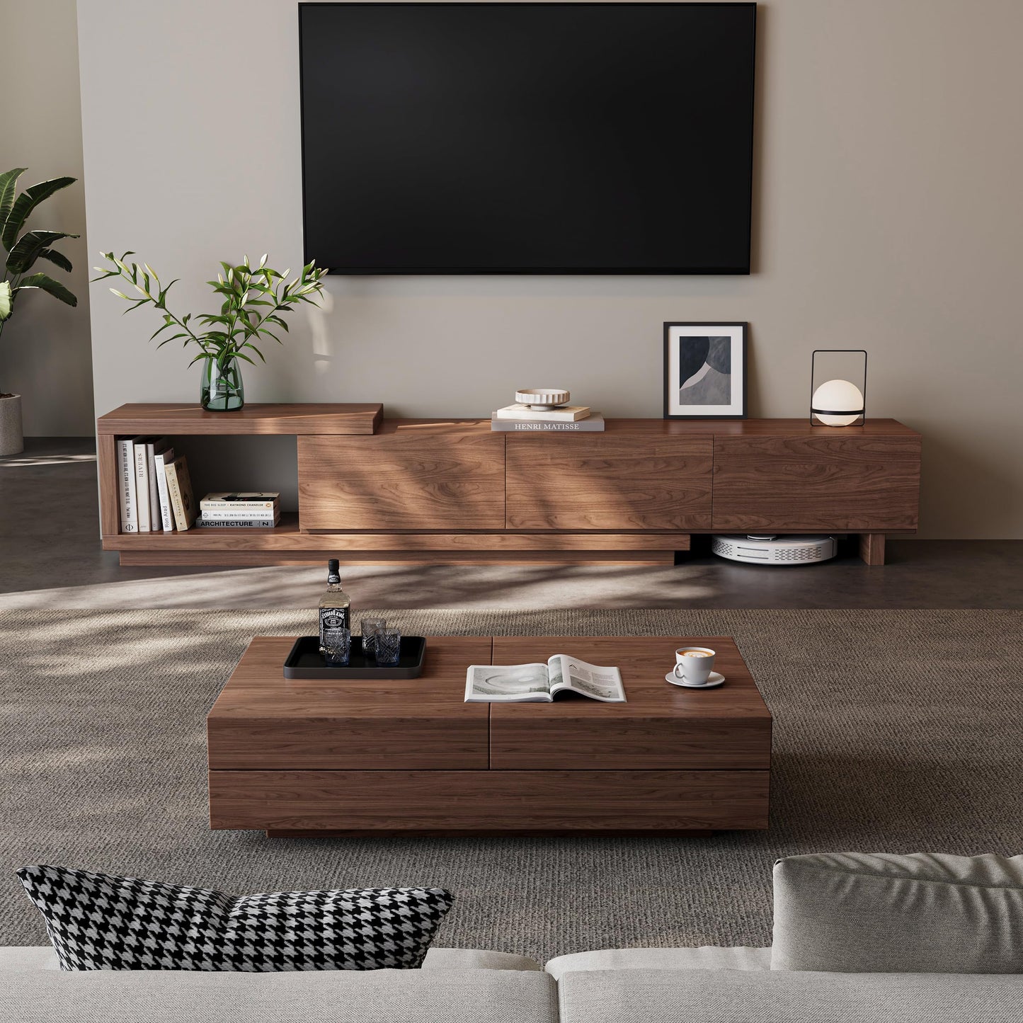 Etelifrank Extendable TV Stand for 65-100 Inches TVs – Walnut Entertainment Console with 3 Drawers & 1 Storage Compartment, Adjustable Length 68.5''-98.4'' (Walnut, 68.5''-98.4'')