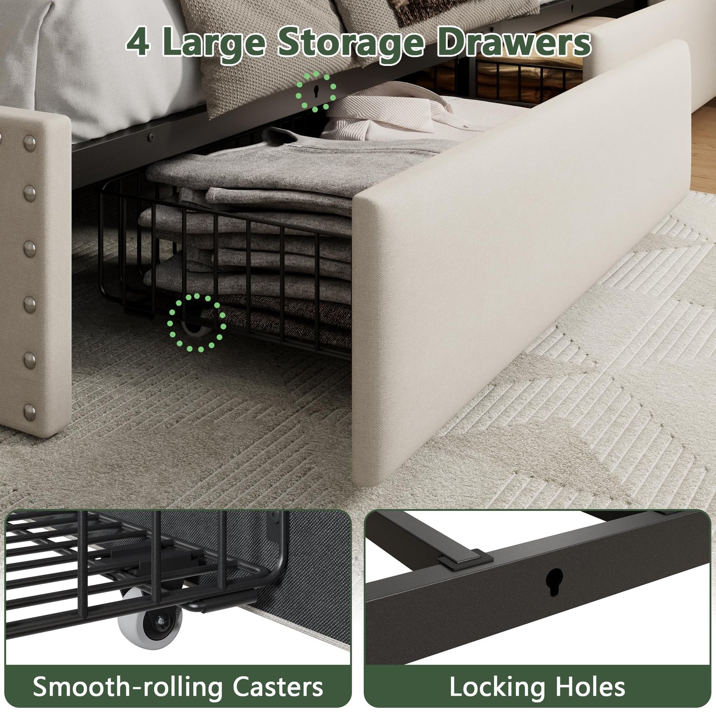 Forestell Queen Bed Frame with 4 Drawers and Storage Headboard, Upholstered Platform Bed Frame Queen Size with LED Lights and Charging Station, Metal Slats Support, No Box Spring Needed, Beige