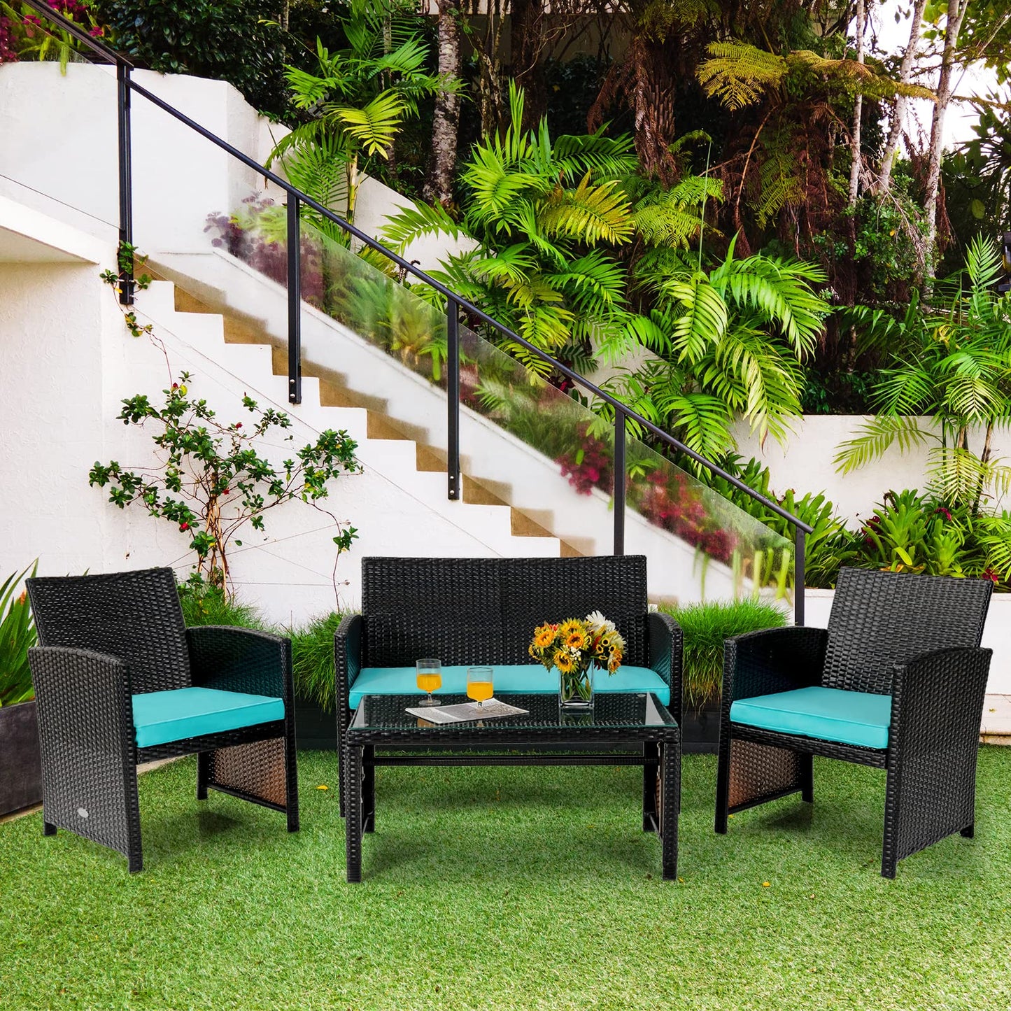 COSTWAY 4 Piece Patio Furniture Set, Outdoor PE Rattan Wicker Sectional Sofa with Cushion and Coffee Table, Patio Conversation Sets for Balcony Lawn Porch Patio Backyard Garden Poolside, Turquoise