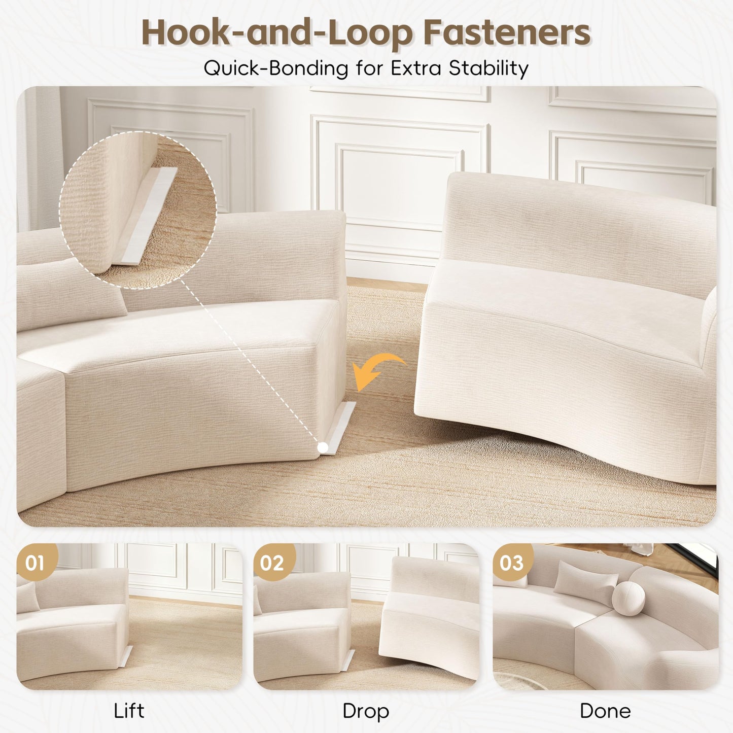 Merax 153" Chenille Modular Sectional Sofa Set, 6 Seat Curved Frameless Oversized Cloud Couch with 4 Pillows, Free Combination Hook & Loop, Fully Compressed, No Assembly for Living Room, Beige