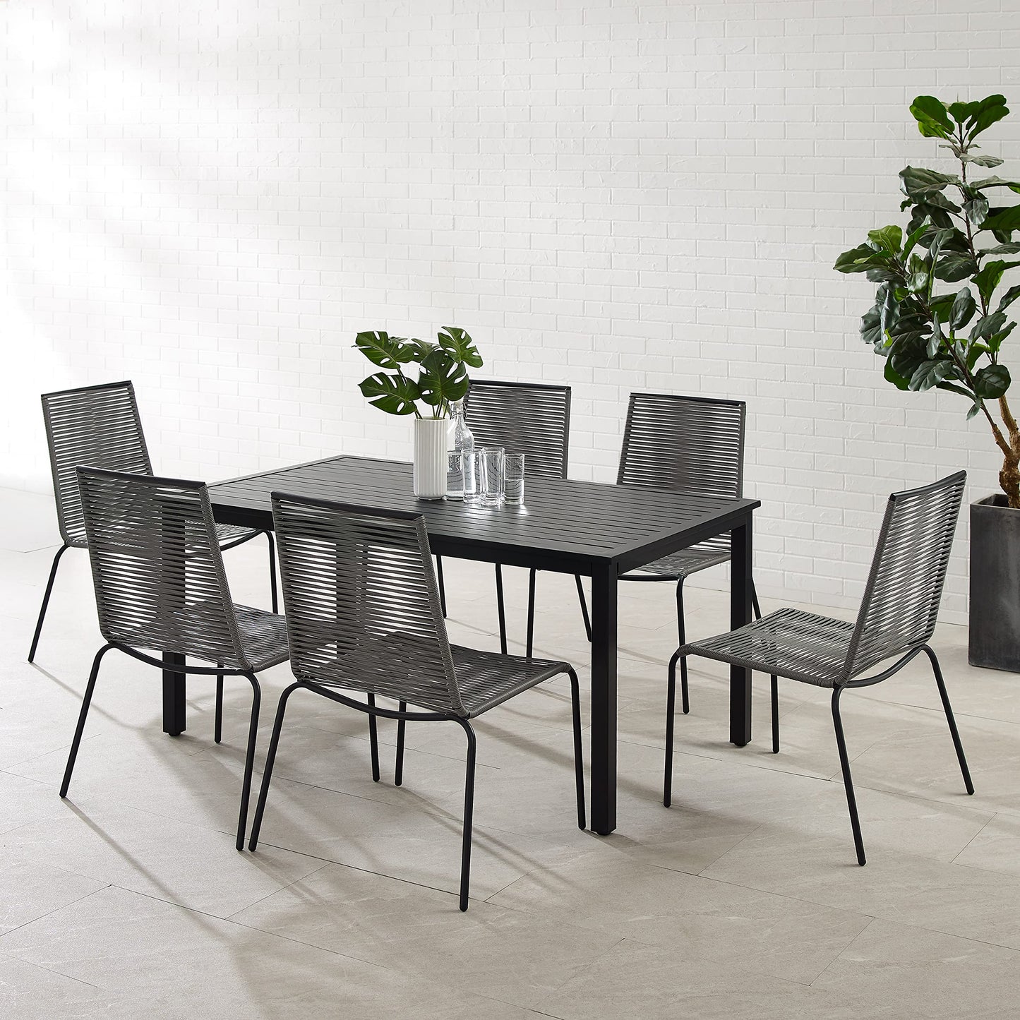 Crosley Furniture Fenton 7-Piece Wicker Outdoor Dining Set for 6, Patio Table and Chairs for Backyard, Deck, Matte Black with Gray Cushions