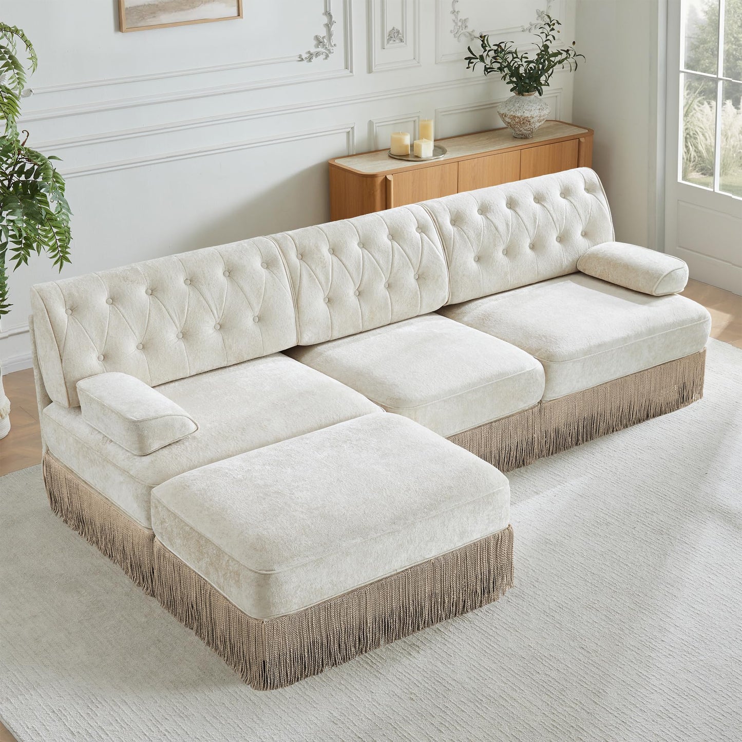 KEIKI 106" L-Shaped Velvet Chesterfield Style Modular Sectional Sofa, Oversized Button Tufted 3-Seater Couch with 1 Ottoman & Floor-grazing Tassel Fringe Skirt, Easy Assembly, for Living Room, Beige