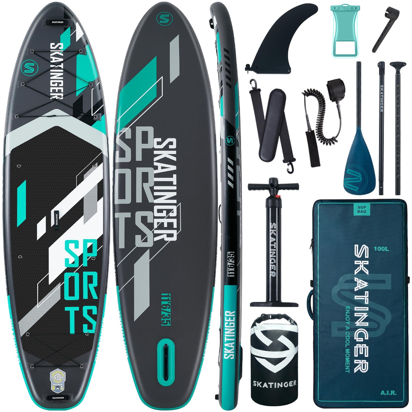 Skatinger 11'6×35" Super Wide Inflatable Paddle Board, Ultra Stable Stand Up Paddleboards for 450lb/3 People/Family/Big Size w/Shoulder Strap, 100L Backpack, All-Round Sup Board, US Fin