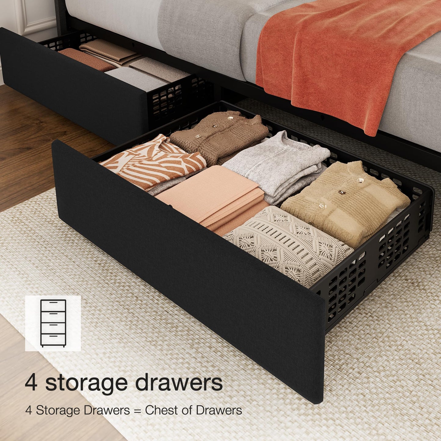 GarveeHome King Size Bed Frame with 4 Storage Drawers, Linen Upholstered Platform Bed Frame, Adjustable Height Headboard, No Box Spring Needed, Easy to Assembly, Black
