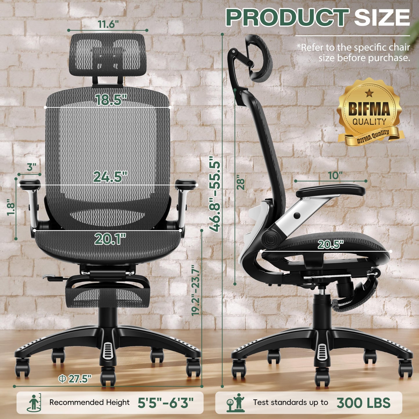 GABRYLLY Ergonomic Office Chair with Footrest, High Back Home Desk Chair - 3D Headrest, Flip-Up Arms, 135° Tilt and Wide Cushion, Heavy Duty Mesh Chairs for Task Computer Gaming, GYB01-FT