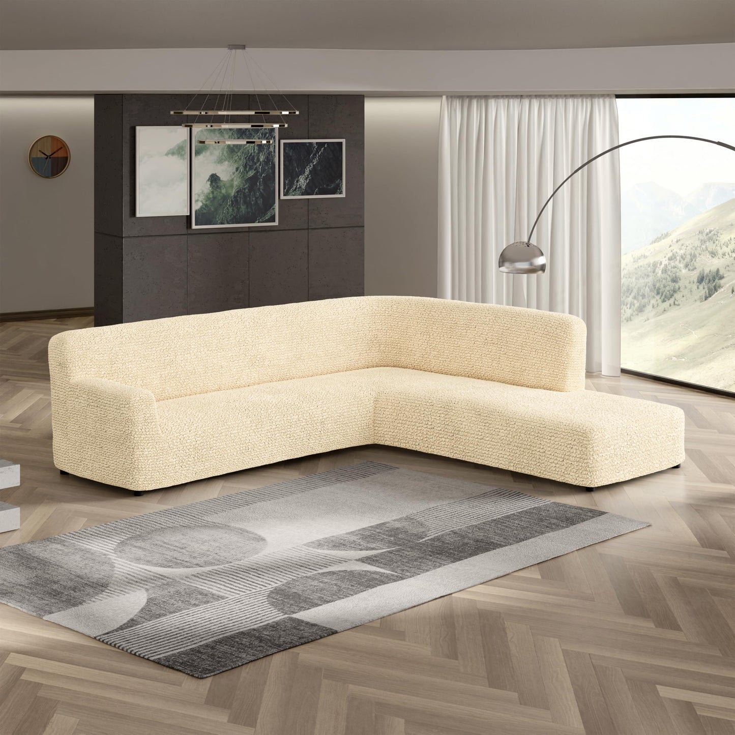 PAULATO BY GA.I.CO. Stretch Sectional Sofa Slipcovers 1-Piece Non-Slip – Elastic L Shape Couch Cover – Soft Furniture Protector Washable – Cream (Right-Facing Bumper 120"-195" Wide)
