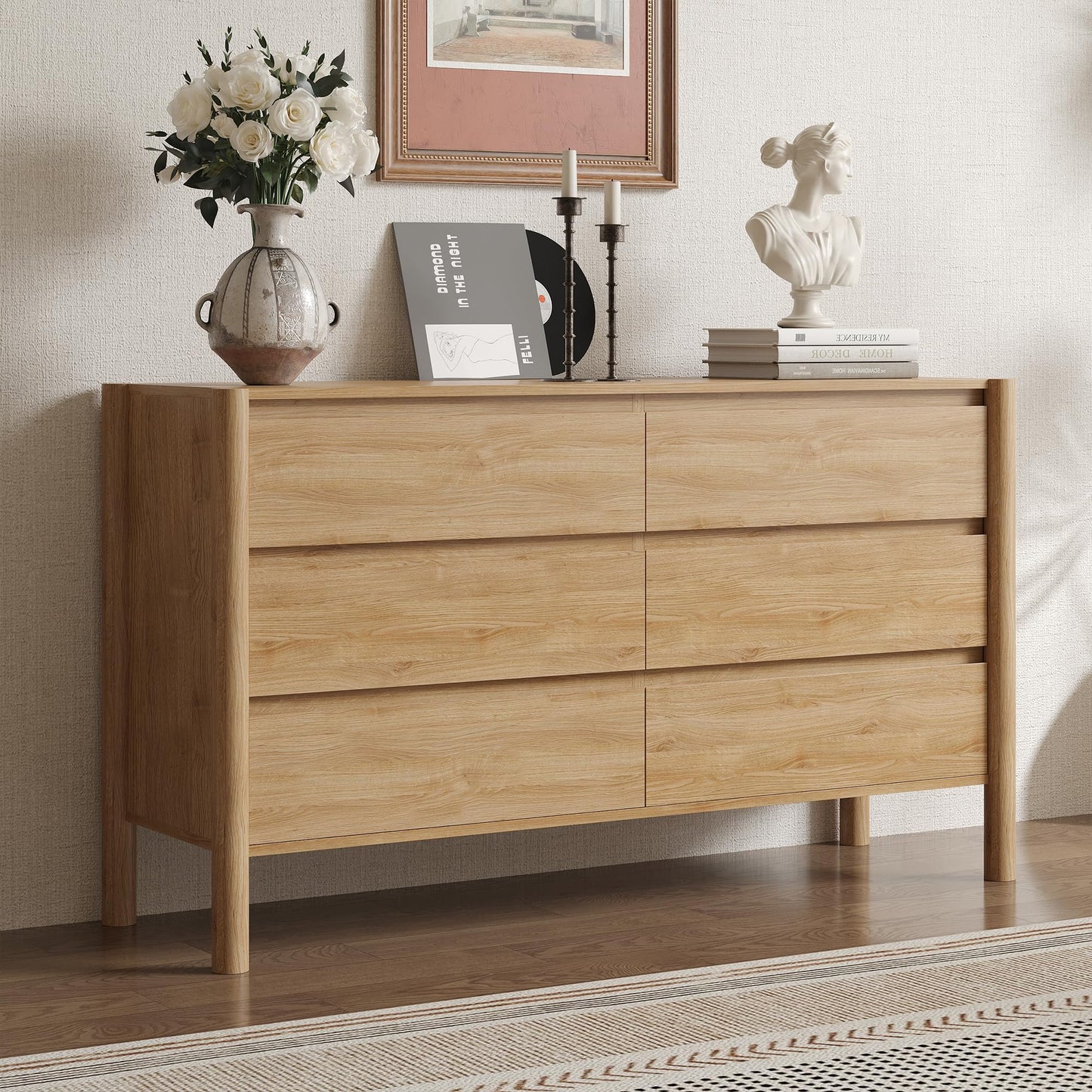 CHUWELL Dresser for Bedroom, 47" Wide Mid Century Modern Chest of Drawers with 6 Large Storage Space and 4 Solid Wood Cylindrical Legs, 6 Drawer Large Dresser for Bedroom(Oak)
