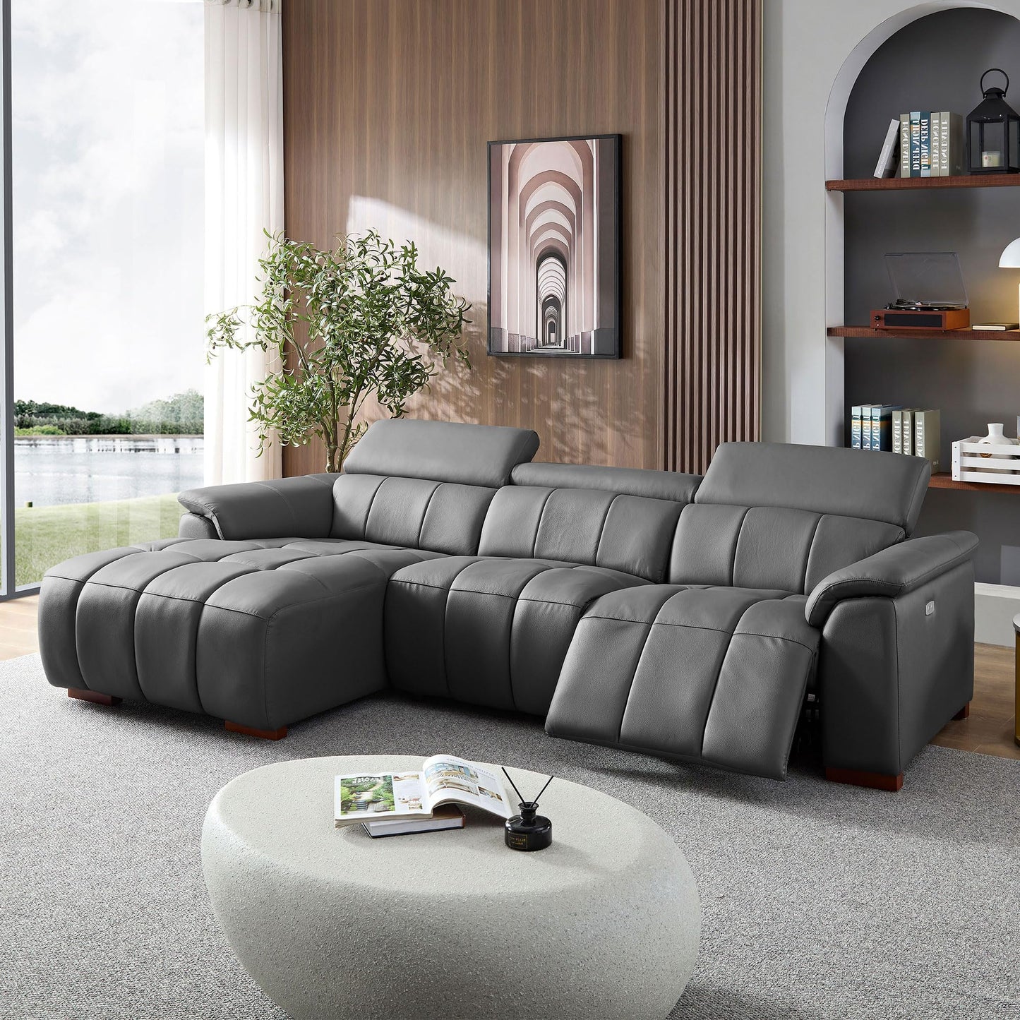 KEIKI 113" L-Shaped Genuine Leather Wall-Hugger Reclining Sofa with Left Chaise, Adjustable Backrest & Footrest, Modern Electric Control 3-Seater Couch with USB, for Living Room, Dark Grey