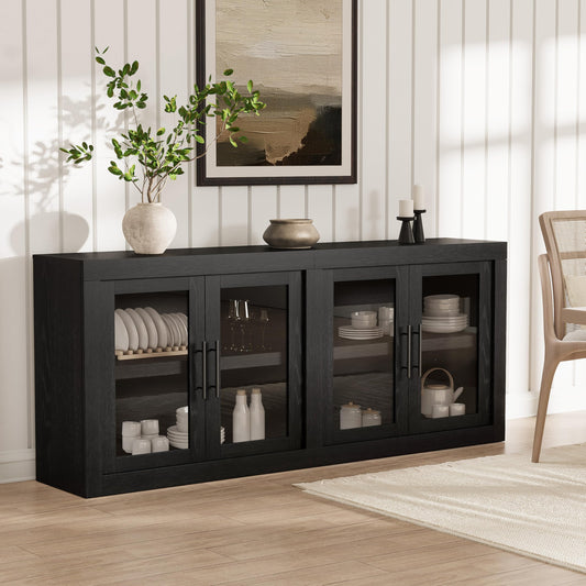 GarveeHome 70.8 in Sideboard Buffet Cabinet with Storage, Mid Century Modern Accent Cabinet with 4 Glass Doors, Wood Coffee Bar Media Console Credenza for Living Room, Kitchen, Hallway, Black