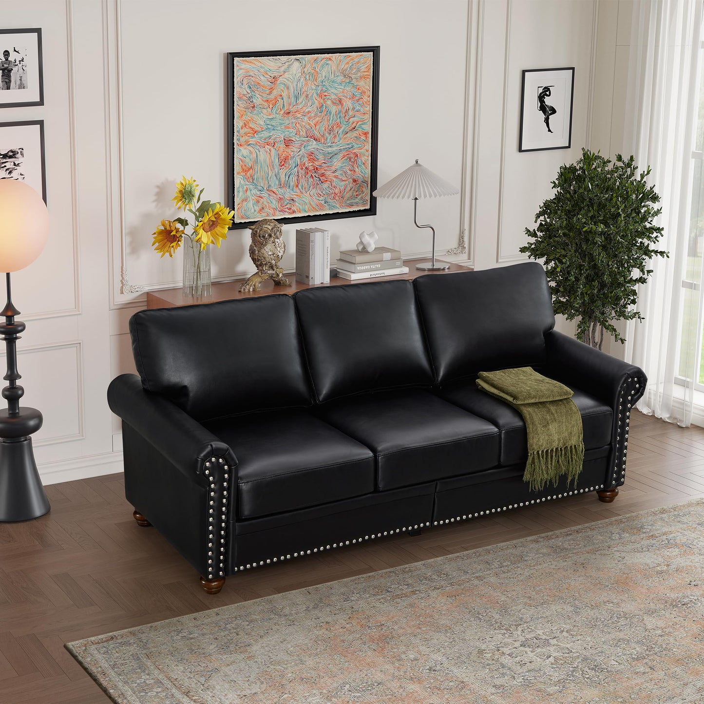 GDFStudio 83" Mid-Century Modern Sofa Couch with Storage, 3 Seater Deep Seat Upholstered Faux Leather Sofa with Nailhead Trim, Rolled Arms & Solid Legs, Comfy Accent Sofa for Living Room, Black