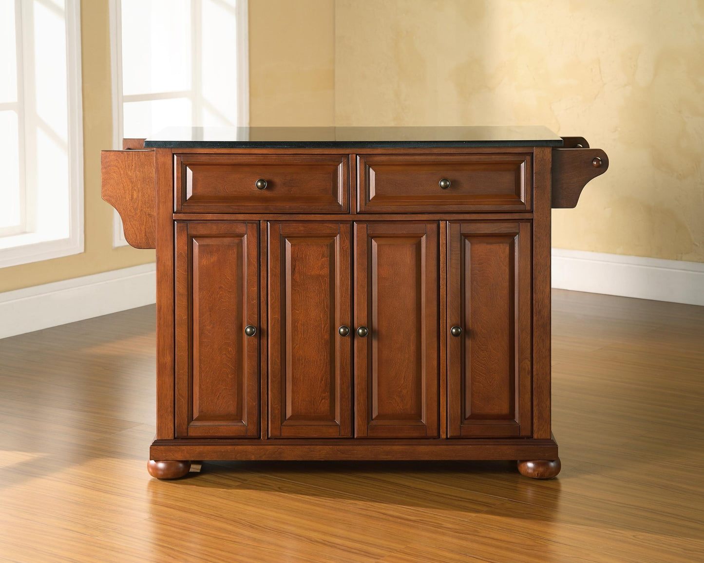 Crosley Furniture Alexandria Granite Top Rolling Kitchen Island Storage Cart, Microwave Stand, Spice Rack, Cherry