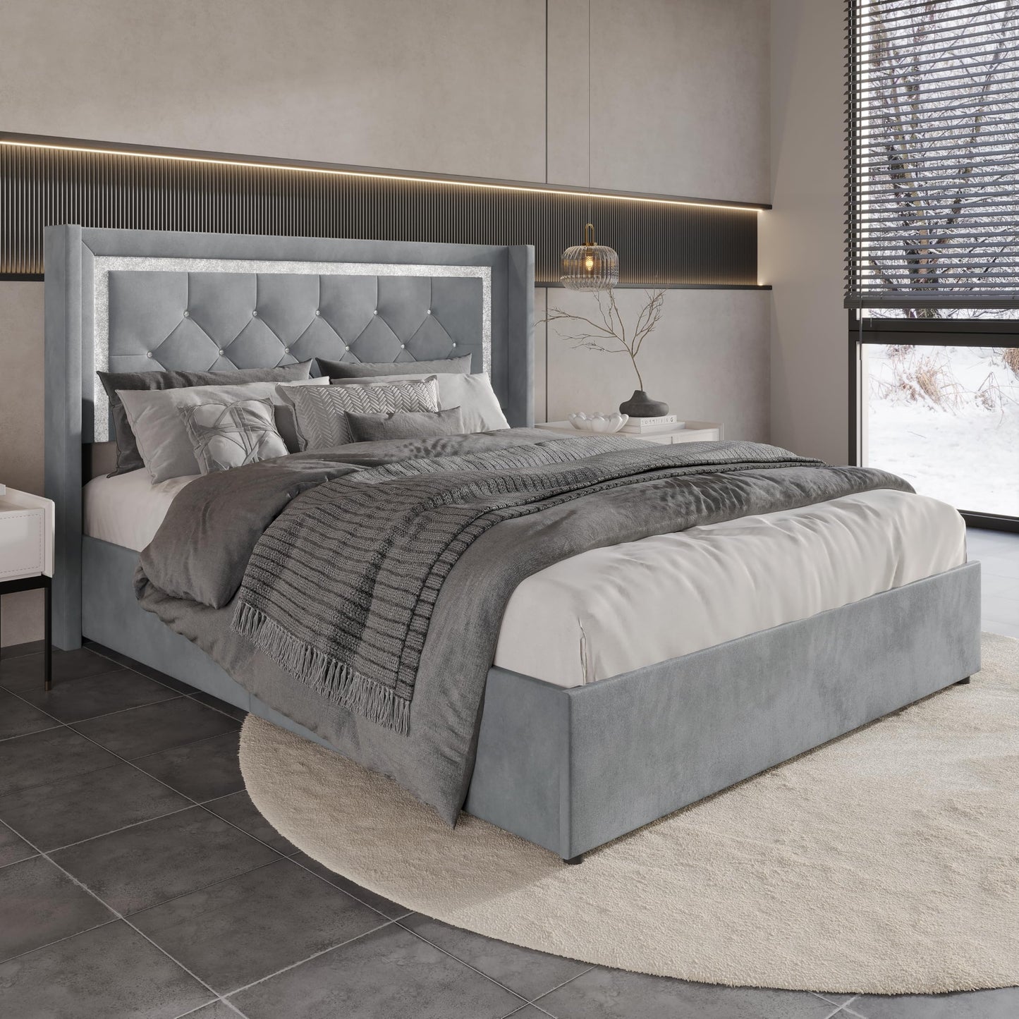 Castle Place Queen Wingback Velvet Upholstered Platform Lift-Up Storage Bed, Crystal Button Diamond Tufted and Diamond Strip Design, Light Grey