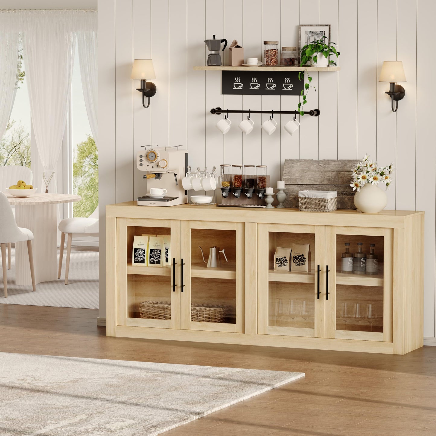 GarveeHome 70.8 in Sideboard Buffet Cabinet with Storage, Mid Century Modern Accent Cabinet with 4 Glass Doors, Wood Coffee Bar Media Console Credenza for Living Room, Kitchen, Hallway, Natural