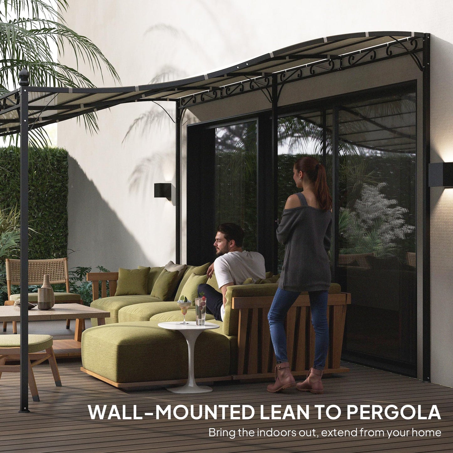 Outsunny 10' x 20' Outdoor Pergola Canopy, Wall-Mounted Metal Patio Canopy with Weather-Resistant Fabric and Drainage Holes for Backyard Garden Porch Beach, Cream White