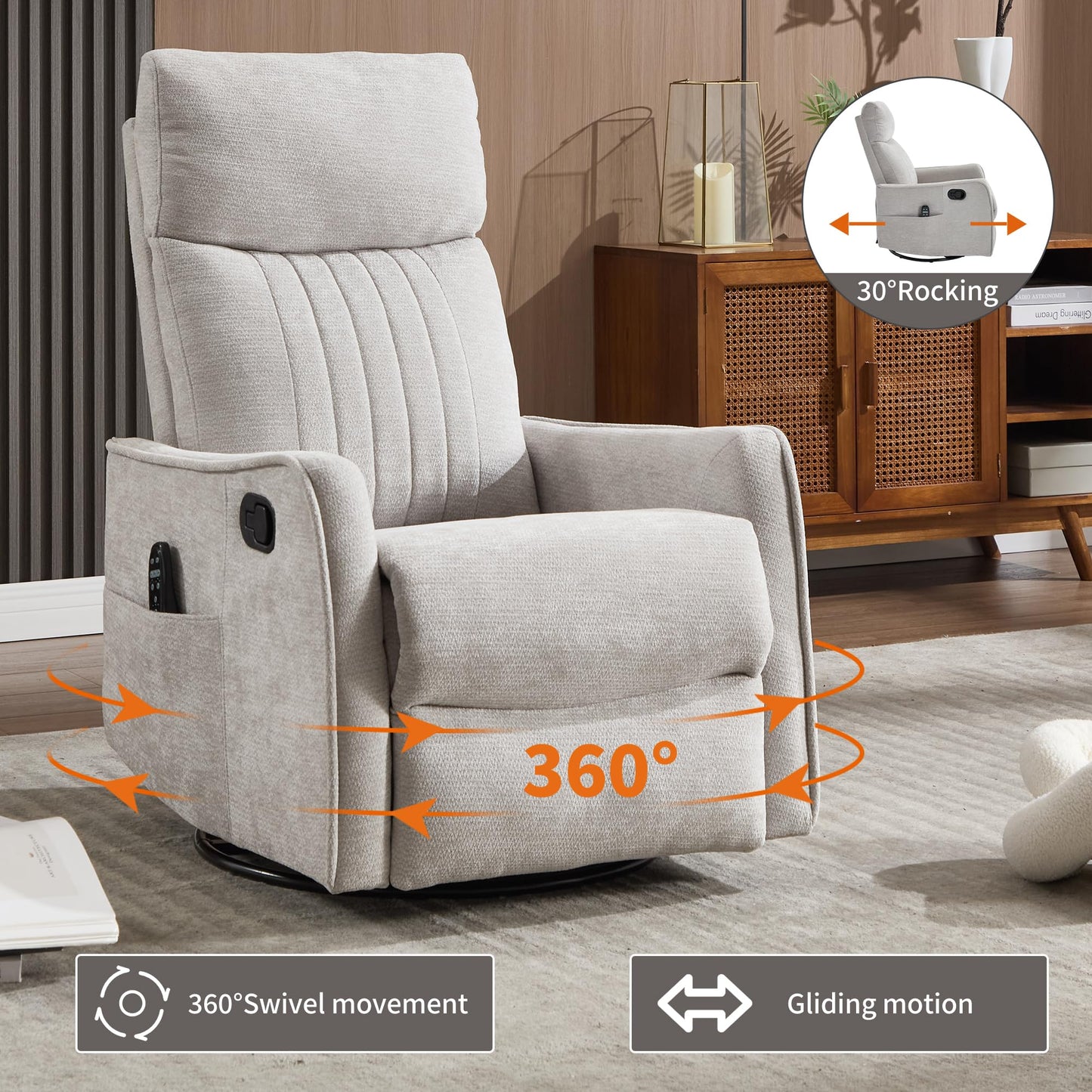 KEIKI 4-in-1 Manual Swivel Rocker Recliner Chair for Living Room, Chenille Nursery Glider Rocking Chairs with Back Massager & Heat, Comfortable Reading Chair Modern Bedroom Furniture, Light Grey