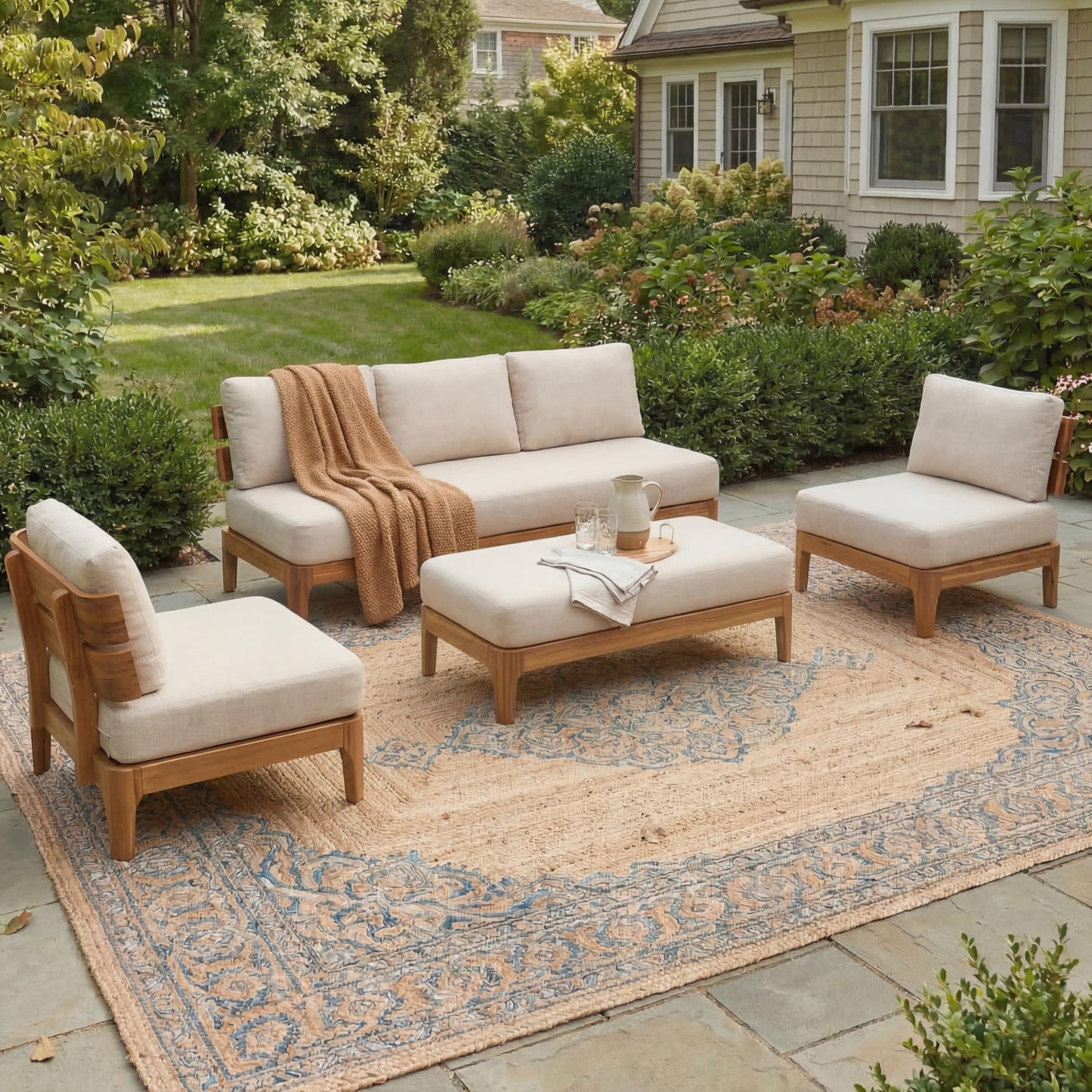 Merax 4 Piece Patio Outdoor Furniture Set, All-Weather Acacia Wood 3-Seater Sofa, 2 Cairs with Cushions, 1 Bench for Porch, Lawn, Backyard, Balcony Teak+ Beige