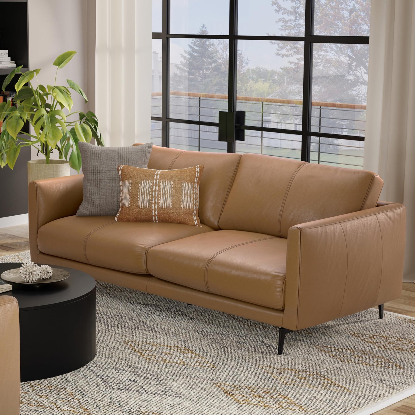 SIMPLIHOME Stevens Sofa in Genuine Leather, Butternut Brown, 81-inch Wide, Solid Wood Frame, Modern Living Room Furniture