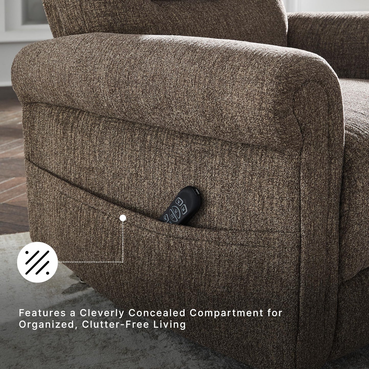 Signature Design by Ashley Aureta Classic Stain Resistant Power Lift Recliner with Side Pocket, Heat and Massage, Dark Brown