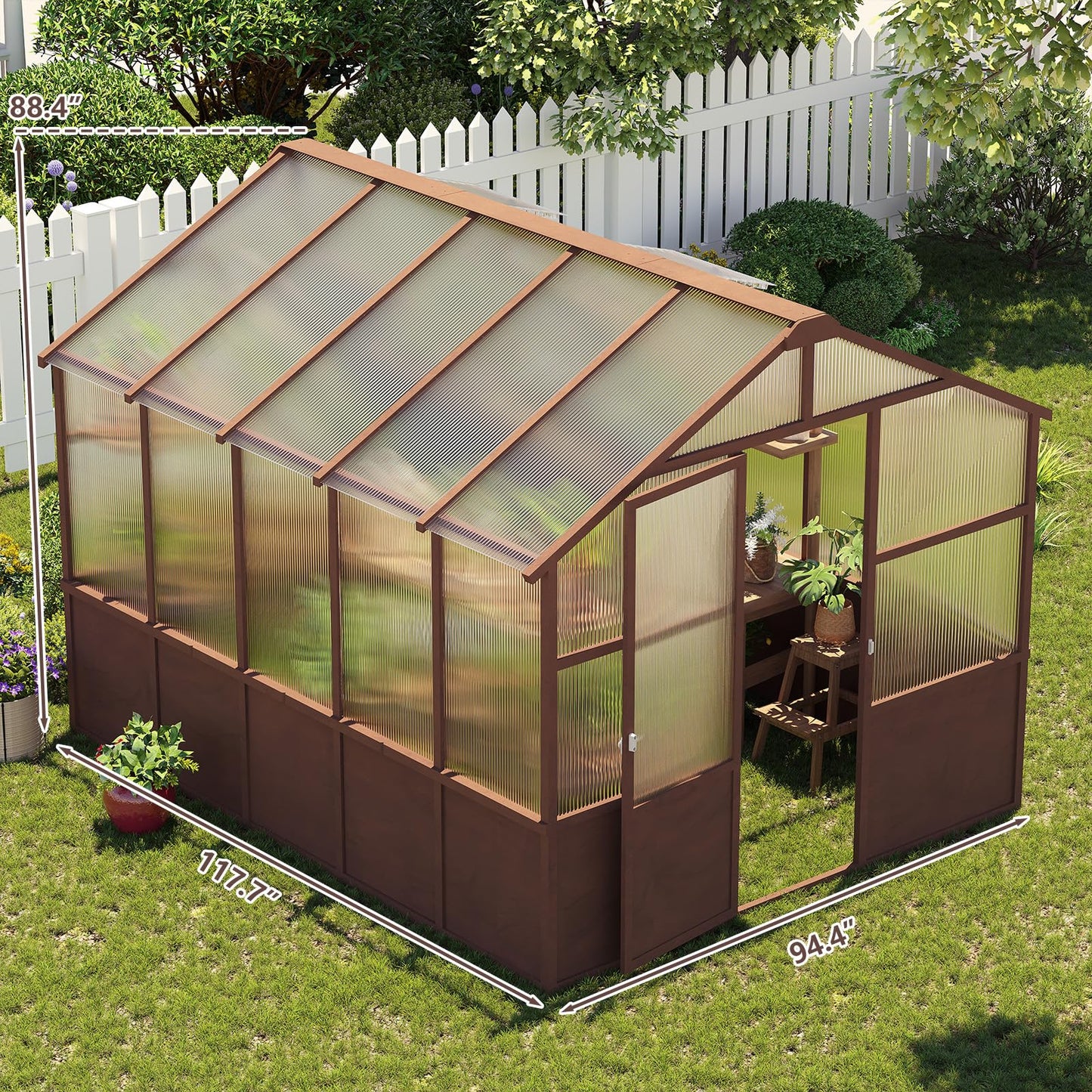 KEIKI 8x10 FT Greenhouse Outdoor, Thick Polycarbonate Greenhouses with Wood Frame, Walk-in Gardening Green House for Outside Patio Backyard, Lockable Door & Ajustable Roof Vent, Easy Assembly, Walnut
