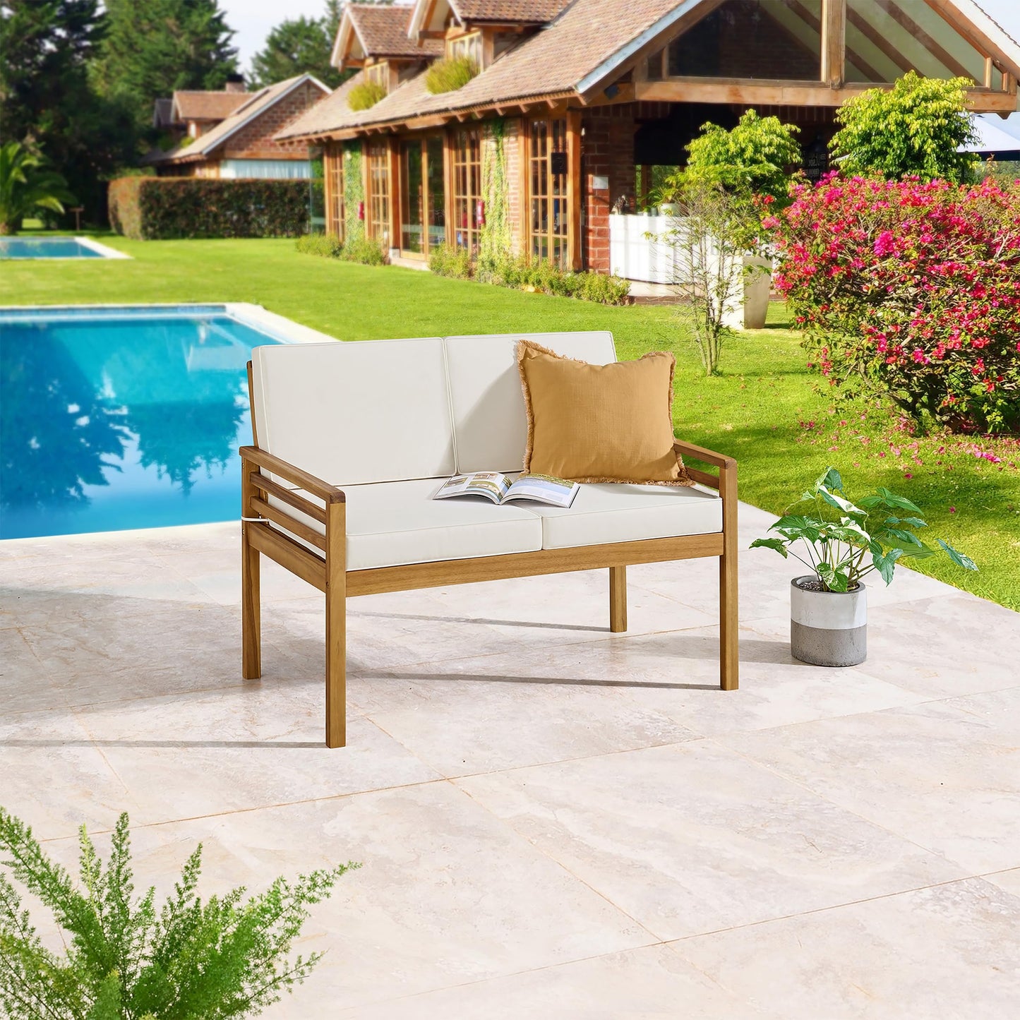 Alaterre Furniture Okemo Outdoor Patio Loveseat - Weather-Resistant Acacia Wood Outdoor Loveseat with Thick Cream Cushions - 2 Seater Patio Sofa for Garden, Porch, Deck, or Poolside (Natural)