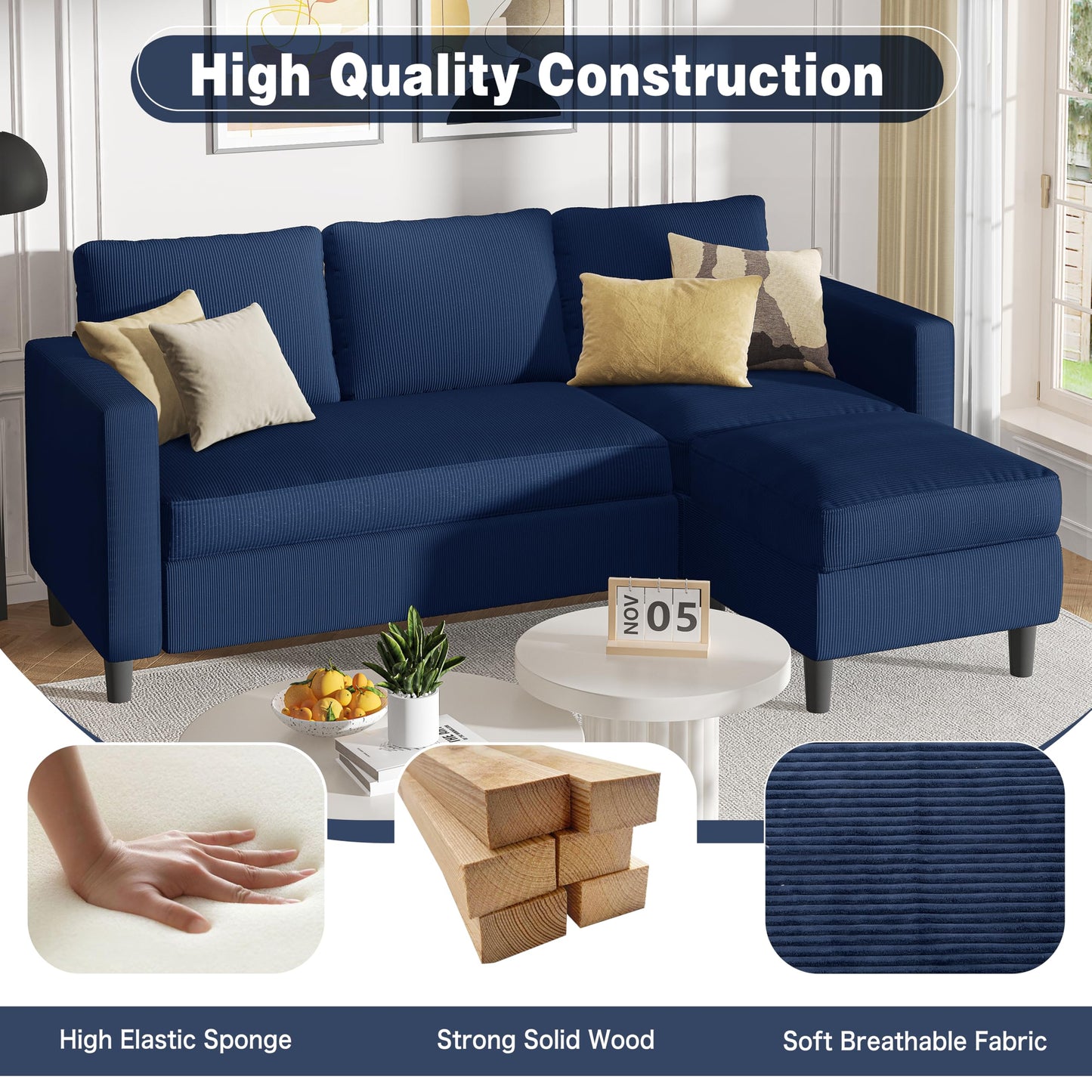 Shintenchi L Shaped Sectional Sofa Couch,Convertible Modular Sofas with Movable Ottoman,3-Seat Upholstered Corduroy Couch,Small Couches for Living Room,Apartment,Office(Blue)