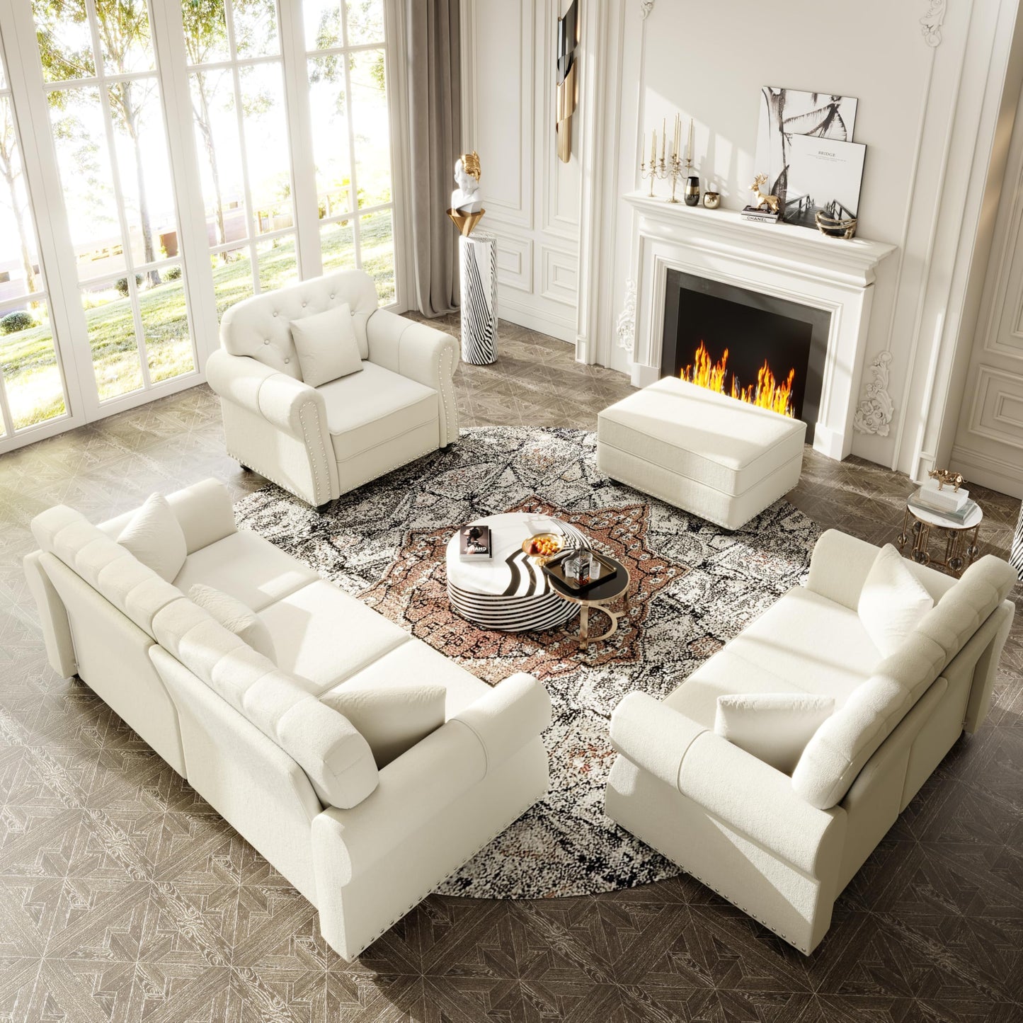 KEIKI 3-Piece Chesterfield Sofa Set with 1 Velvet 3-Seater Sofa & 1 Loveseat & 1 Single Sofa, 6-Seater Couch Set with Nailhead Trim & Rolled Arms & 1 Ottoman & 6 Pillow, for Living Room, White