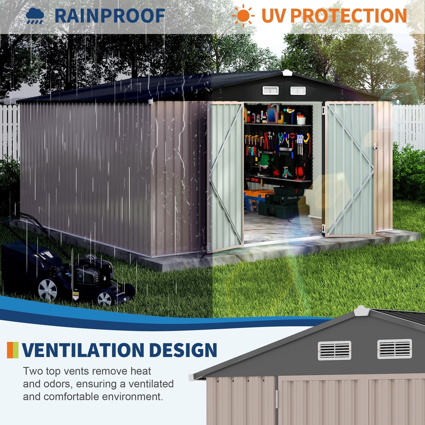 12X12 Ft Outdoor Storage Shed, Galvanized Steel Metal Tool Shed with Secure Lockable Door & Air Ventilation System, Rust-Resistant Utility Shed for Garden, Backyard, Easy Assembly & All-Season Use