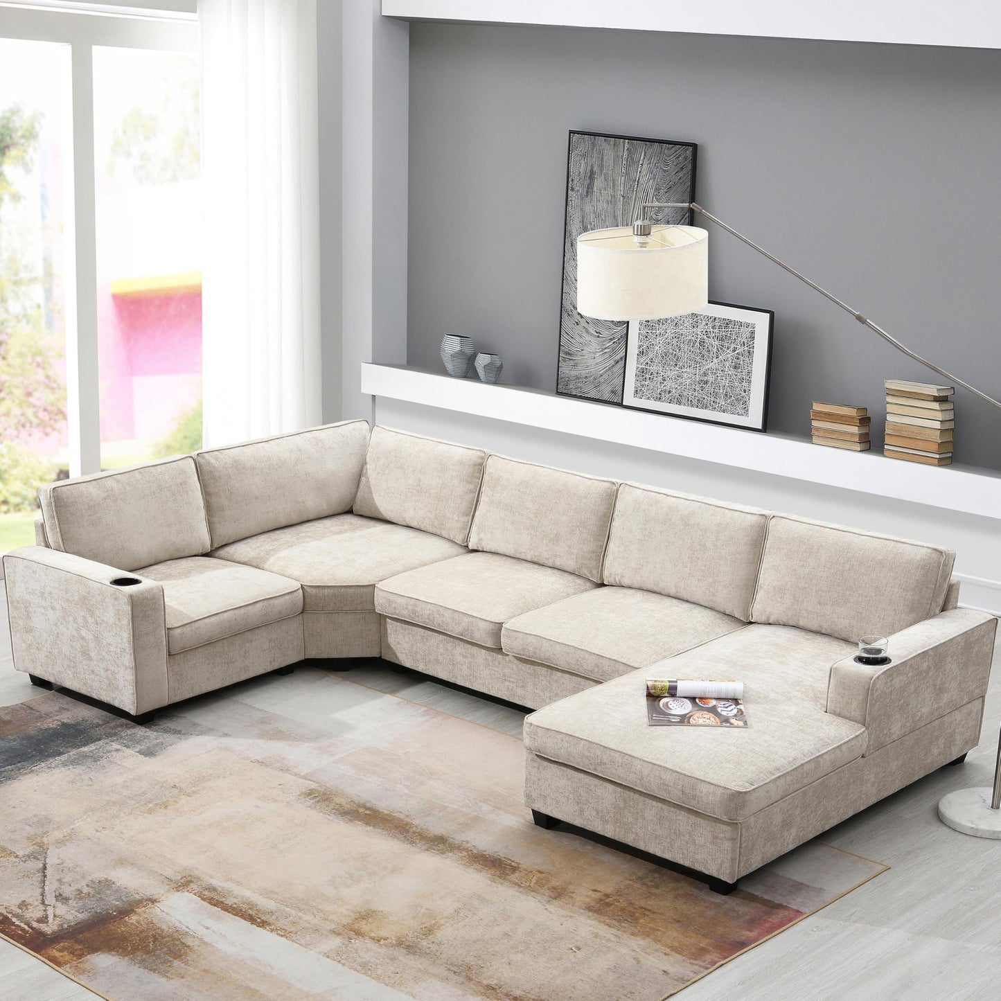 ERYE 119-Inch U-Shaped Sectional Sofa Couch W/Right Facing Chaise Lounge,Comfy Chenille Upholstered Fabric Modular Sofa Couch with Cup Holders for Living Room Sets