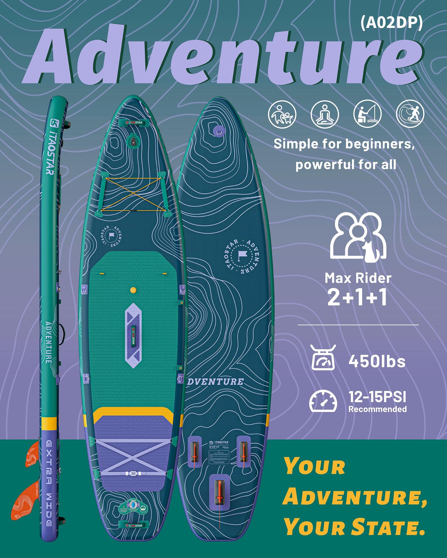 iTAOSTAR Adventure 12' × 35" Inflatable Stand Up Paddle Board with Seat, Extra Wide SUP Board with 5 Fins Stable Design for Familly, Youth, All Skill Levels, Lakes, Oceans & Fishing