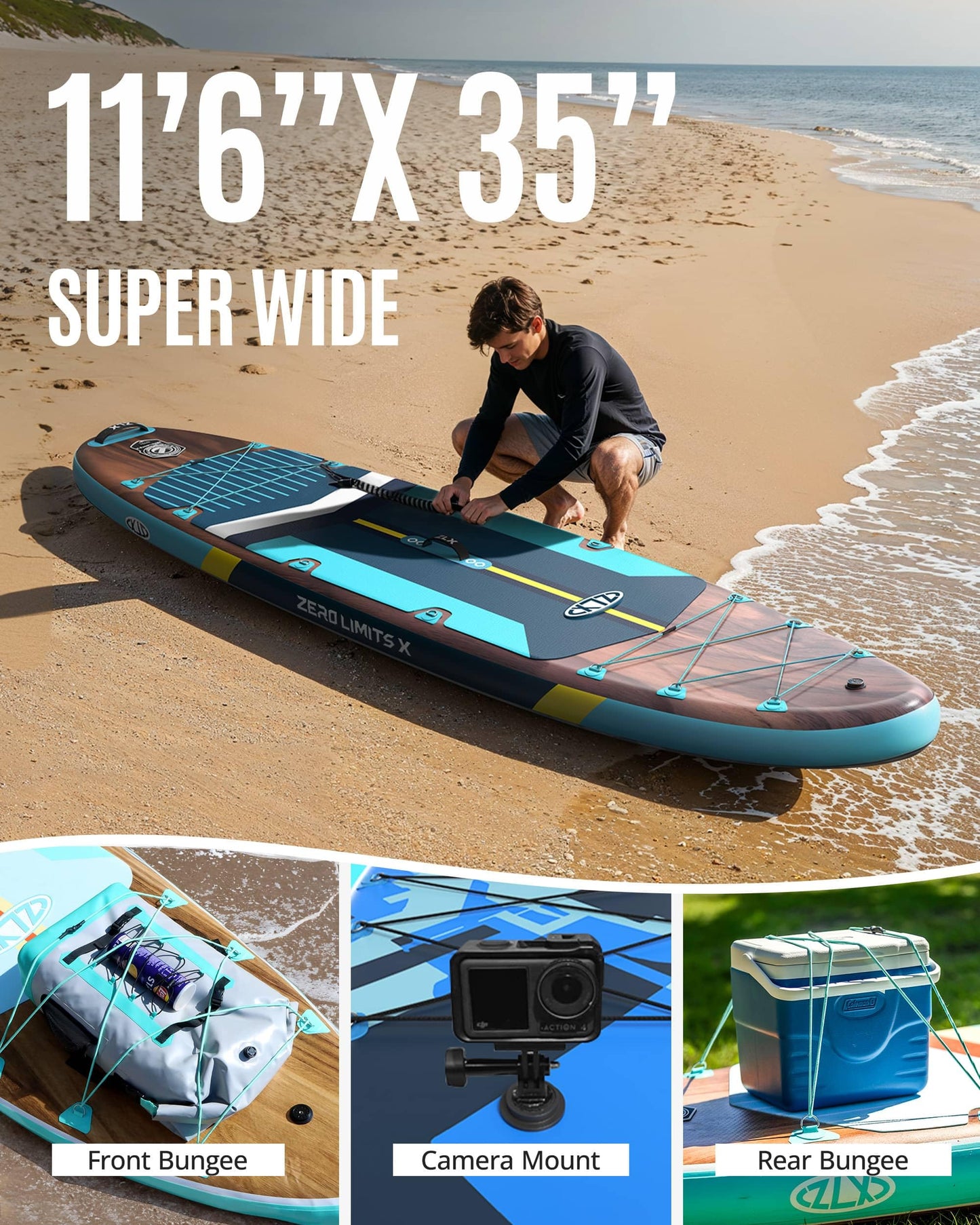 ZLX 11'6" Extra Large Inflatable Stand Up Paddle Board with Inflatable Seat | Stable Non-Slip Deck Pad and Premium iSUP Accessories - Portable Backpack & Upgraded Pump for Adults, All Skill Levels