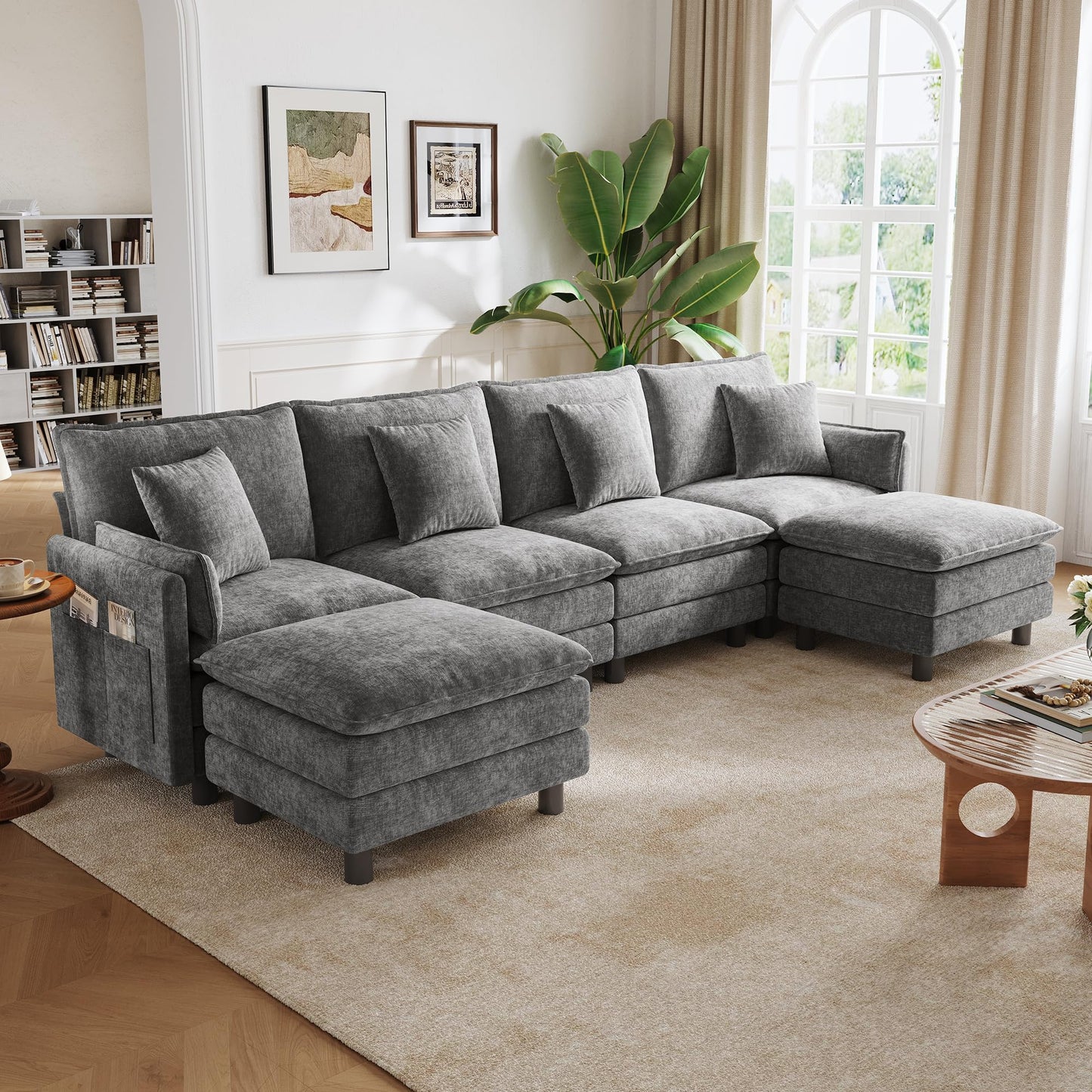 LINSY HOME 129'' Modular Sectional Sofa 4 Seat Couch Chenille Cloud Couch with Deep Seat, U Shaped Couch with 2 Movable Ottoman for Living Room, Office, Bedroom, Grey(Pillows Included)