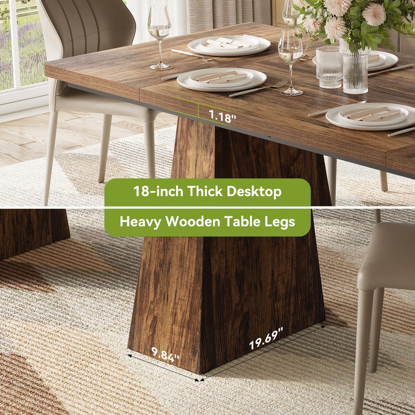 LITTLE TREE Dining Table for 4-6 People, Wooden Table, Rectangle Furniture with Heavy Duty Legs, Modern Kitchen Table for Home, Dining Room, Brown