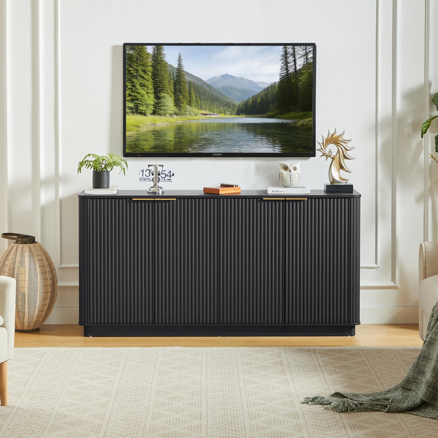 KEIKI 63" Buffet Cabinet Sideboard with Stoarge, Credenza Storage Cabinet, Large Console Table, TV Stand, Coffee Bar Cabinet for Kitchen, Dining Room, Living Room, Entryway, Black