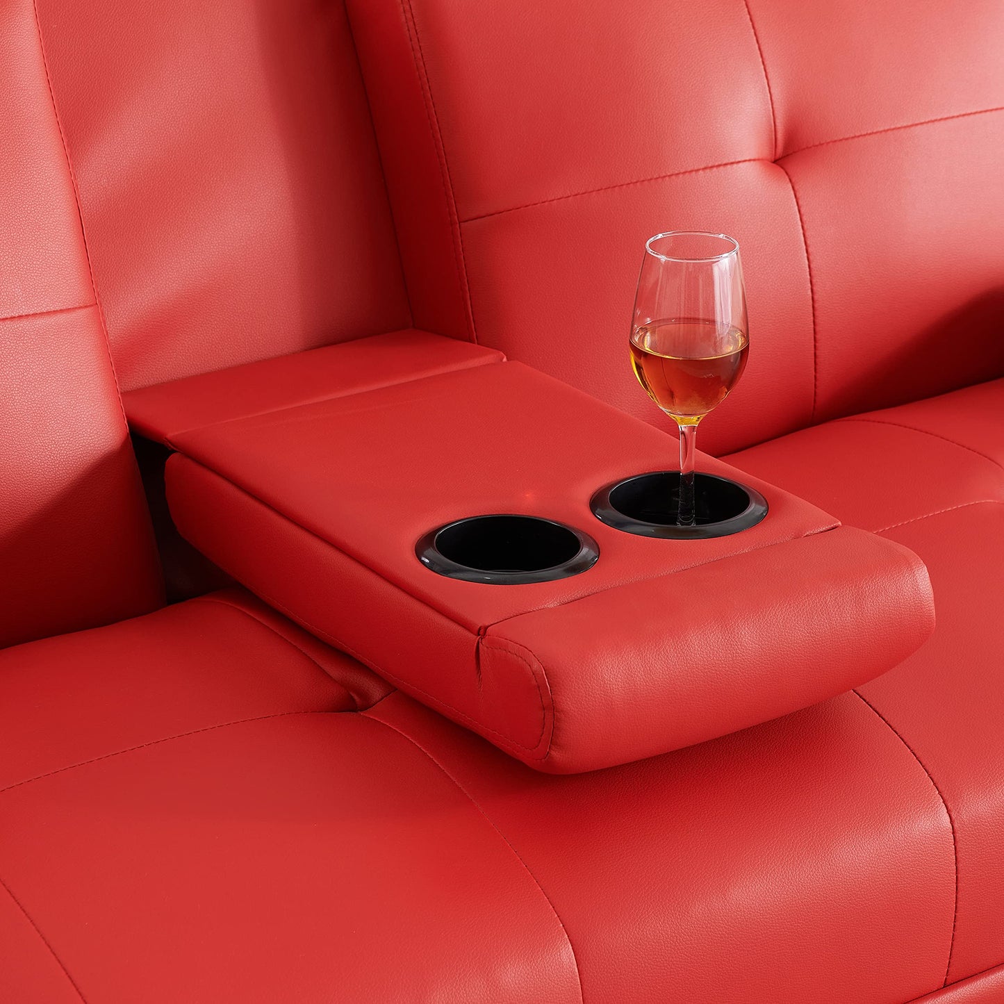 KEIKI 67" Leather Folding Futon Sofa w/Cup Holder & Adjustable Backrest, Mid Century Modern Couch Loveseat Convertible to Sleeper Bed, Comfy Cloud Couch SofaBed for Living Room & Bedroom, Red